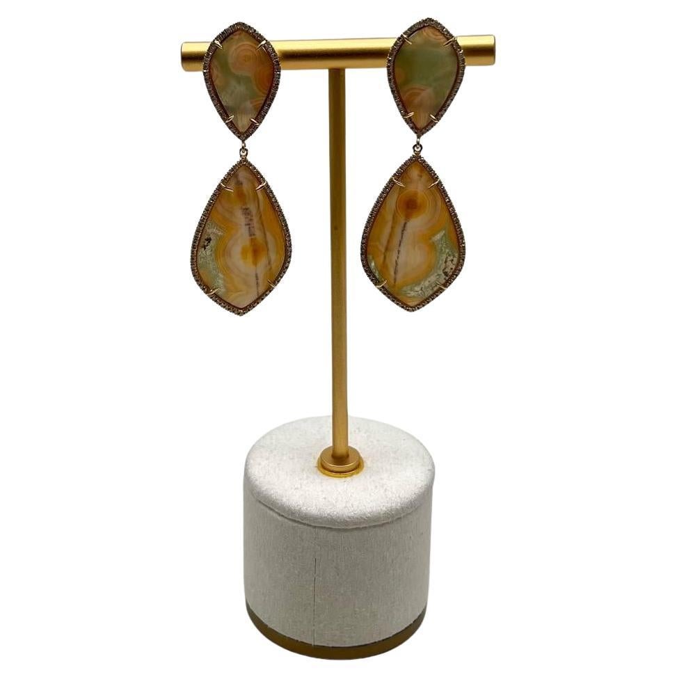 Earthy Tones Brown Green Pattern Quartz Diamond Halo 14K Gold Statement Earrings For Sale