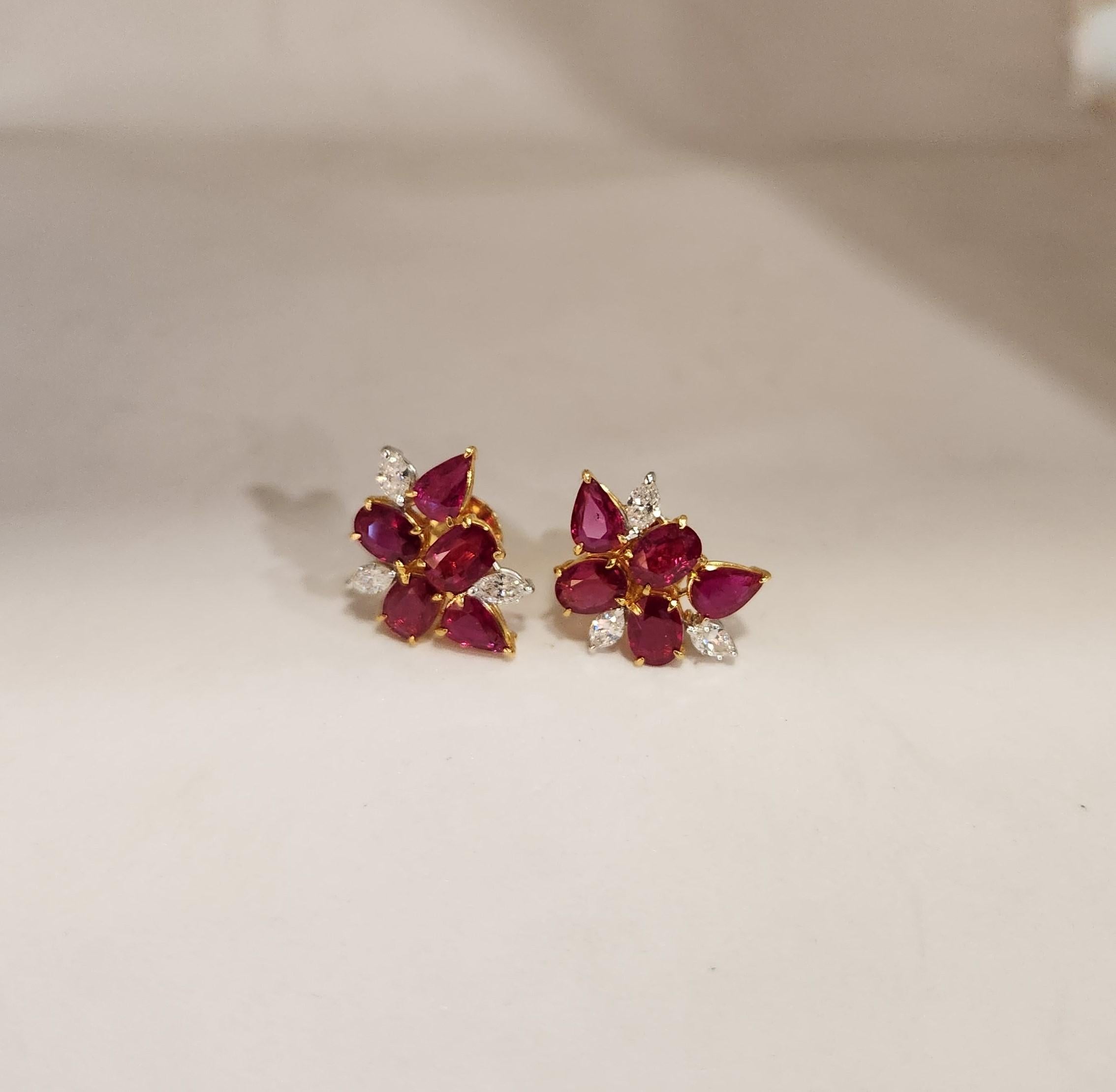 Oval Cut Eartops of Rubies and diamonds in gold For Sale