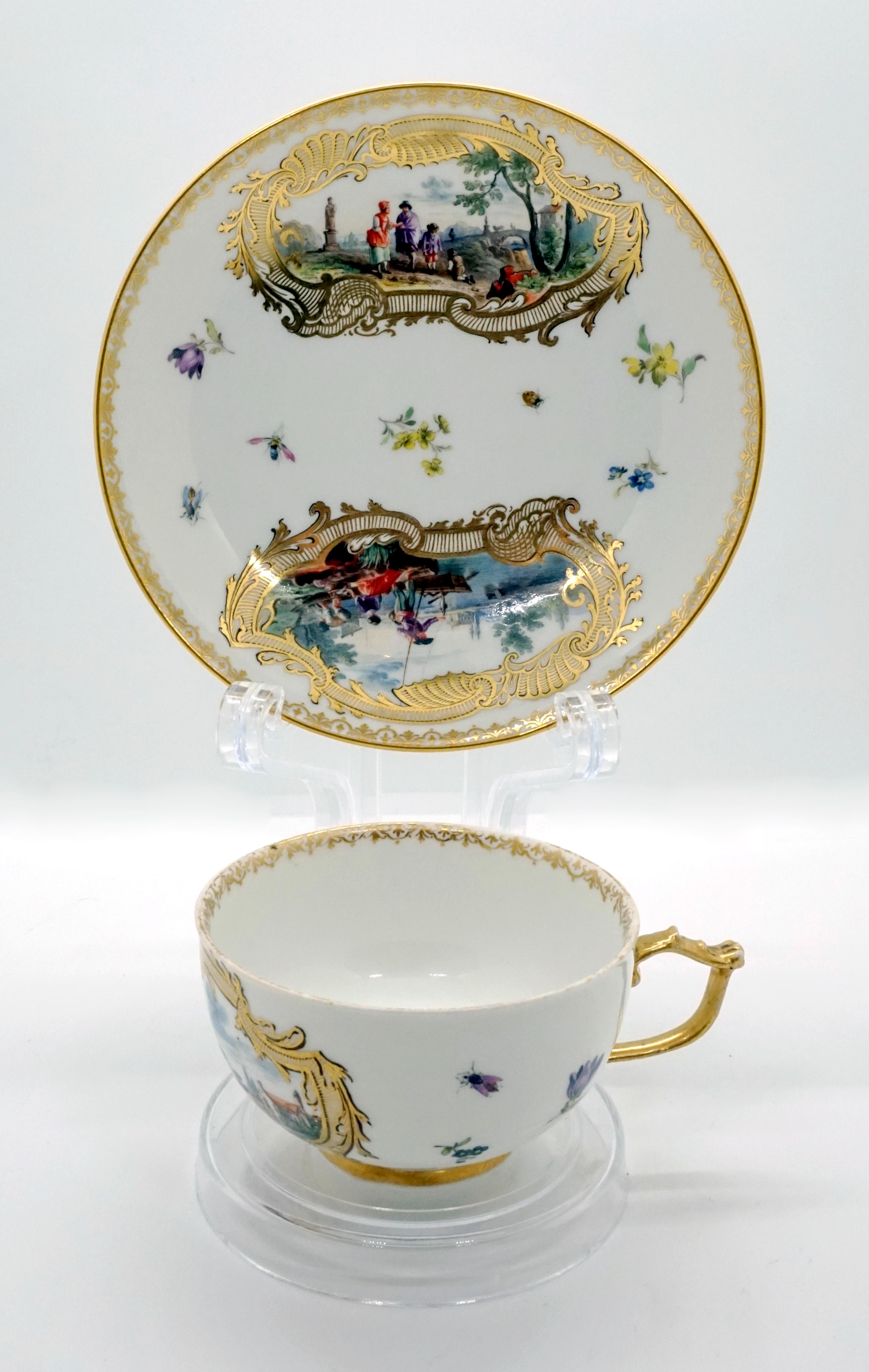 Excellent piece from The Meissen/Germany Manufactory

Both the cup and the saucer have elaborate on-glaze painting and gold decoration. The cup is painted on the side opposite the handle with a gold-framed cartouche, on which a landscape with