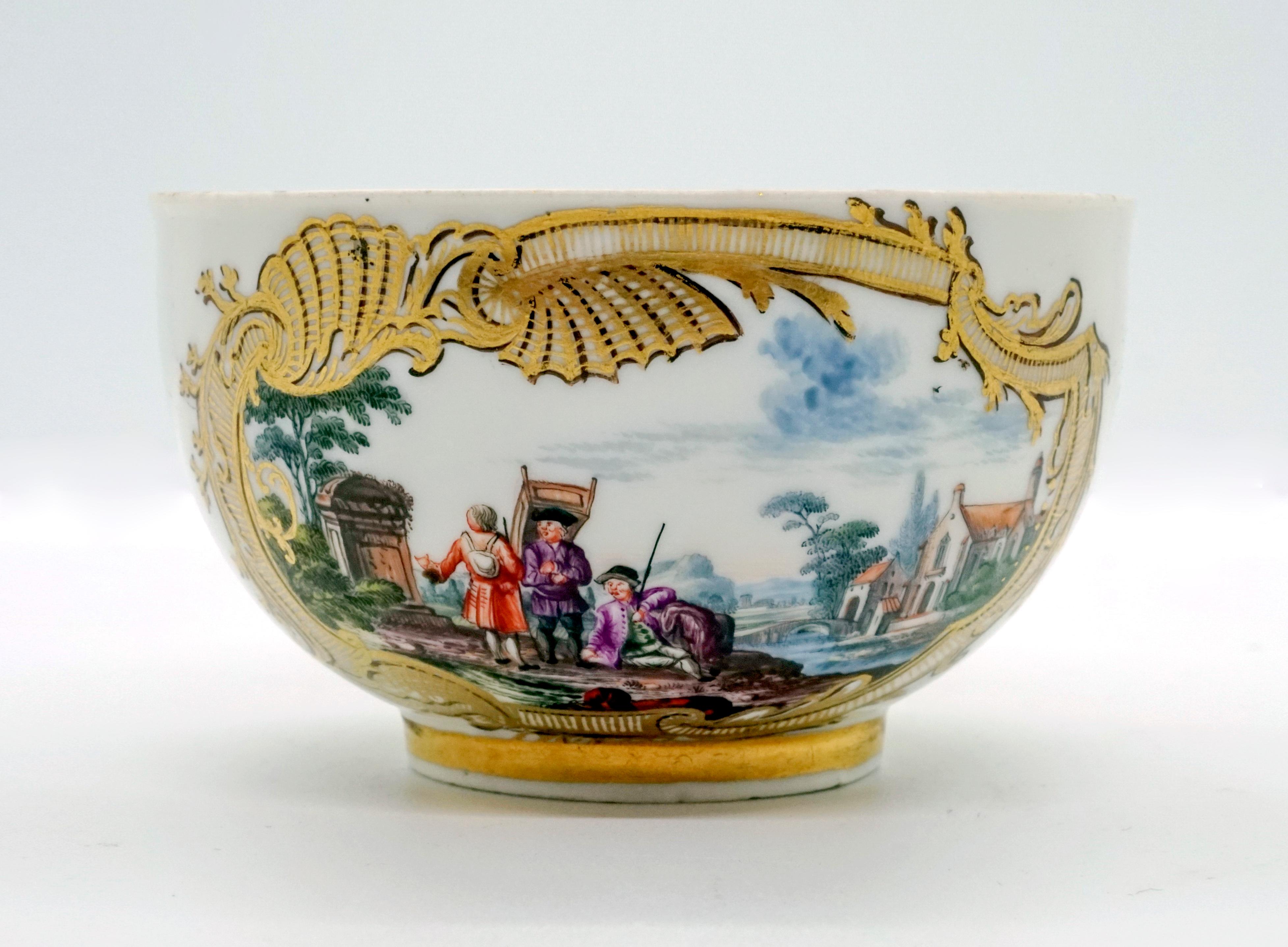 German Eary 19th Century Meissen Cup and Saucer with Kauffahrtei Scenes and Gold Decor