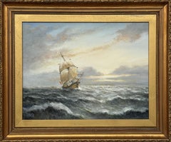 Tall ship at sea, dramatic sky, crashing waves, maritime oil by British Artist