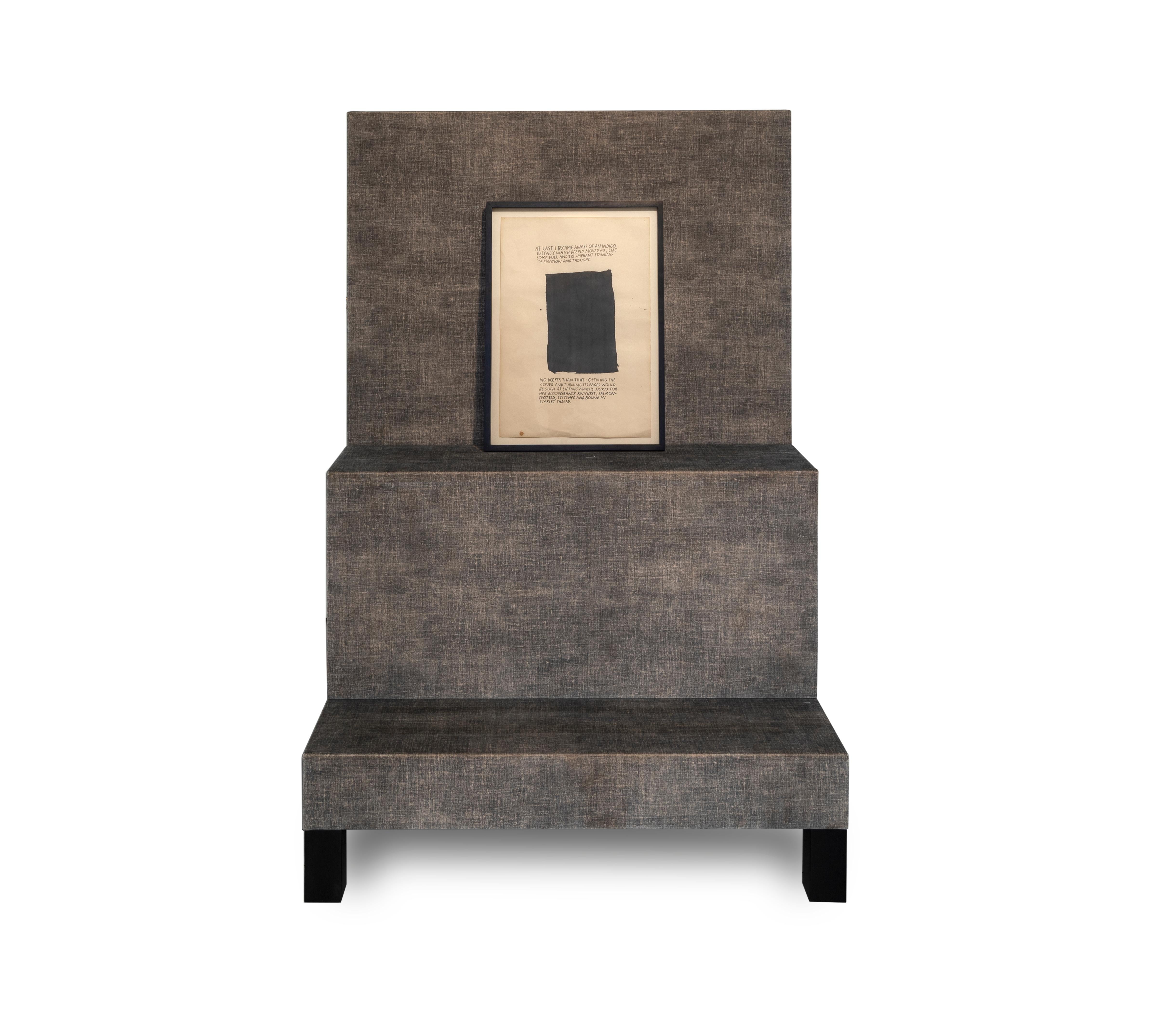 A fully upholstered easel with a central portion that can be removed to display small or large framed artwork. Blackened hardwood legs.

Made to order and handcrafted in the USA. Available in a vintage effect cotton velvet. 

COM also available