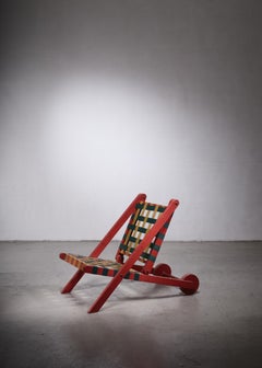 Easi-Bild Folding Red Wood Indoor Outdoor Lounge Chair with Webbing, USA, 1950s