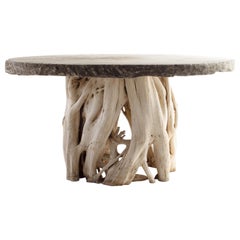 East Asian Chaulk Stone Element and Bleached Organic Form Teak Table Base