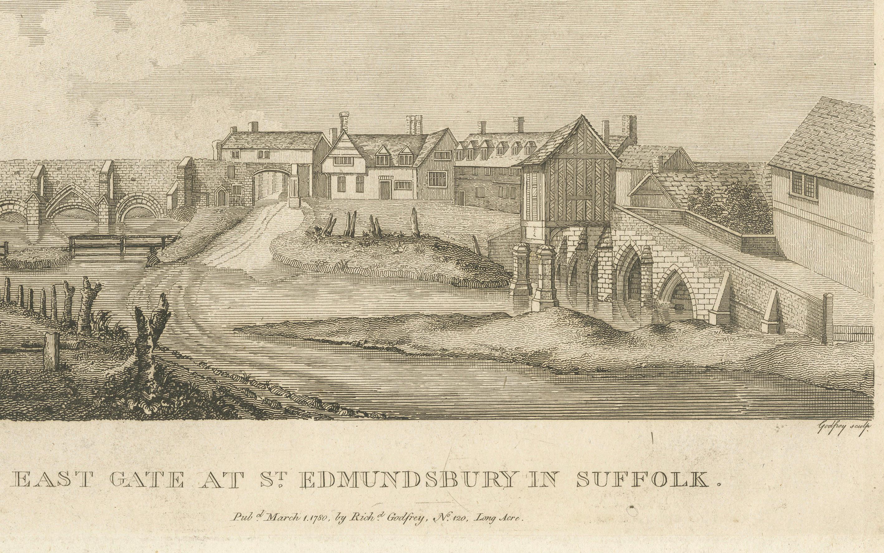 Questa antica incisione intitolata *Porta Est a St. Edmundsbury nel Suffolk* offre una rappresentazione storica della Porta Est della città di Bury St. Edmunds, nel Suffolk. L'opera d'arte illustra un'affascinante scena con la struttura medievale
