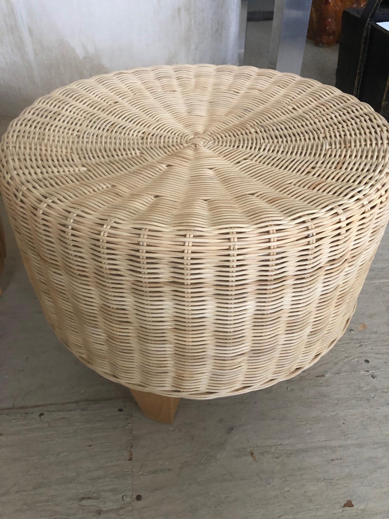 East Hampton MidCentury Modern Wicker Rattan Round Ottoman Pouf at