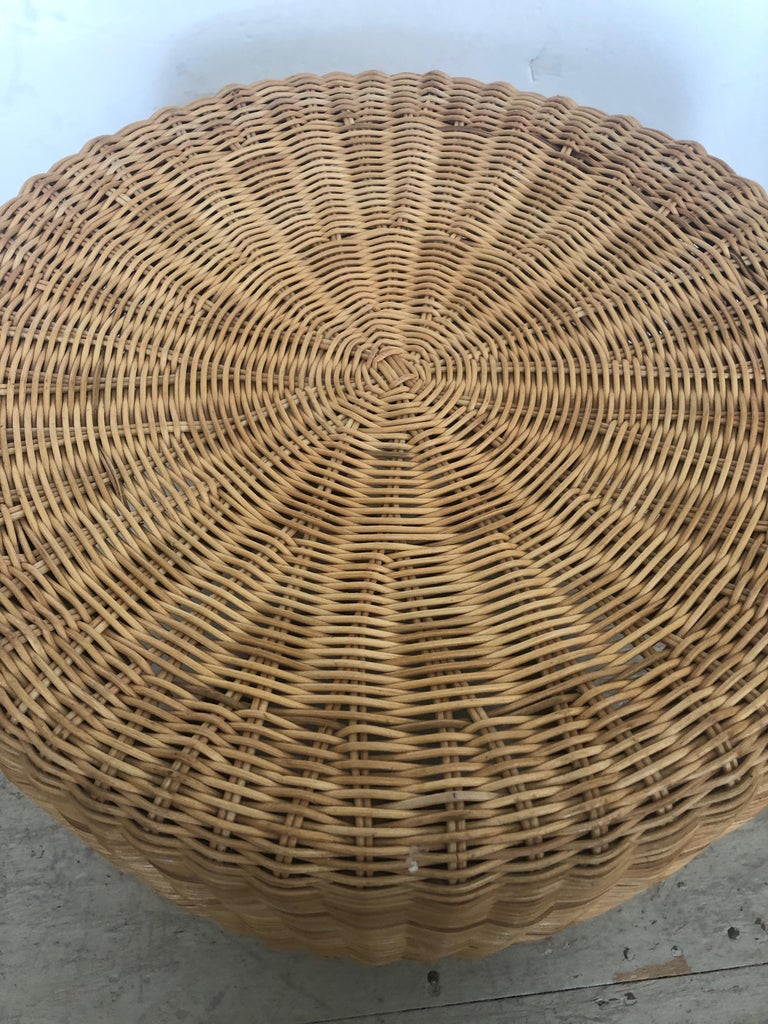 East Hampton MidCentury Modern Wicker Rattan Round Ottoman Pouf at