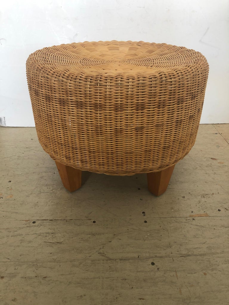 East Hampton MidCentury Modern Wicker Rattan Round Ottoman Pouf at