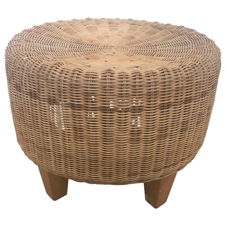 East Hampton Mid-Century Modern Wicker Rattan Round Ottoman Pouf at 1stDibs  | wicker pouf, round wicker footstool, wicker ottoman