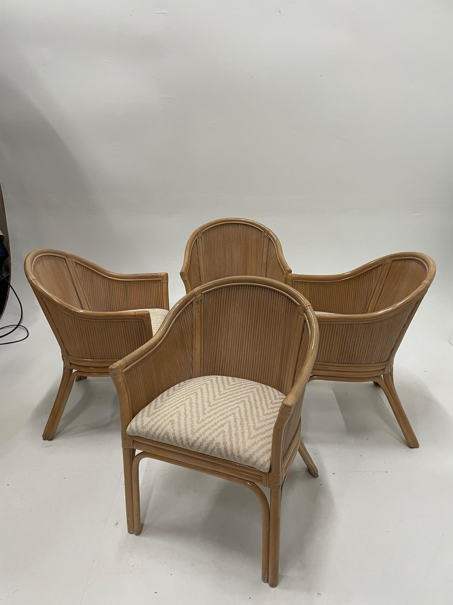 North American East Hamptonish Set of 4 McGuire Rattan Bamboo & Upholstered Curvy Armchairs