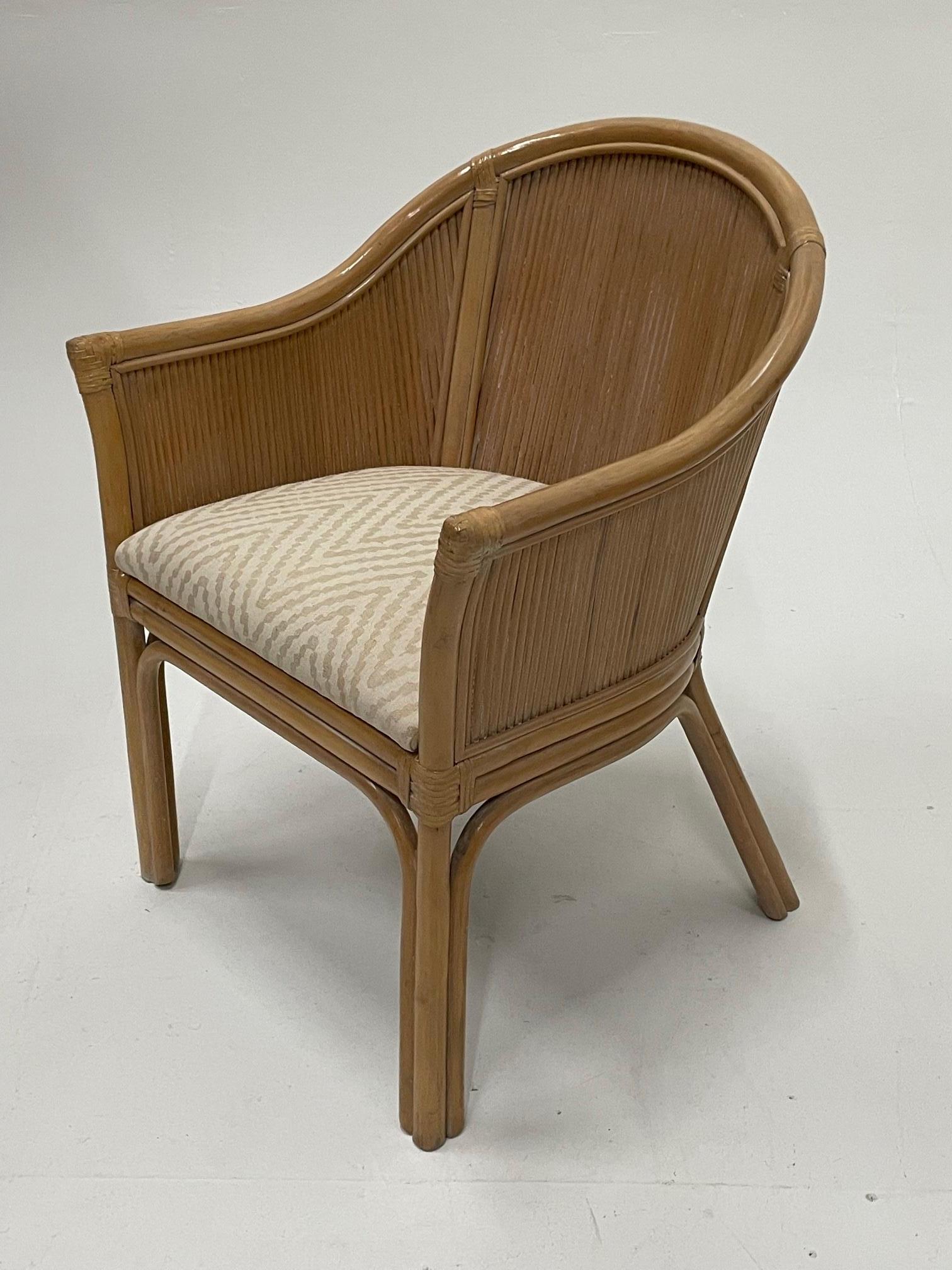 East Hamptonish Set of 4 McGuire Rattan Bamboo & Upholstered Curvy Armchairs 4