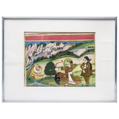 Vintage East Indian Gouache Painting of Archer and Tiger