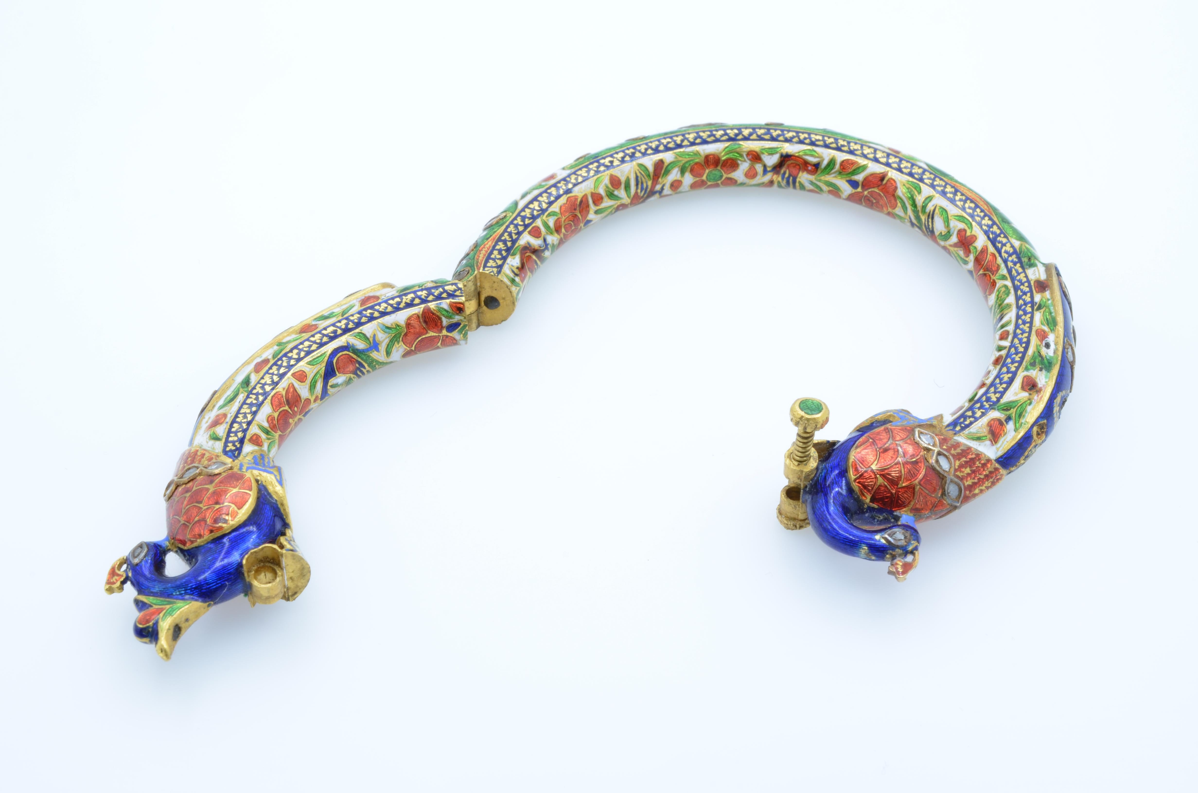 East Indian Mughal Enamel Peacock 22K Gold Bangle with Kundan Set Diamond Rubies 1