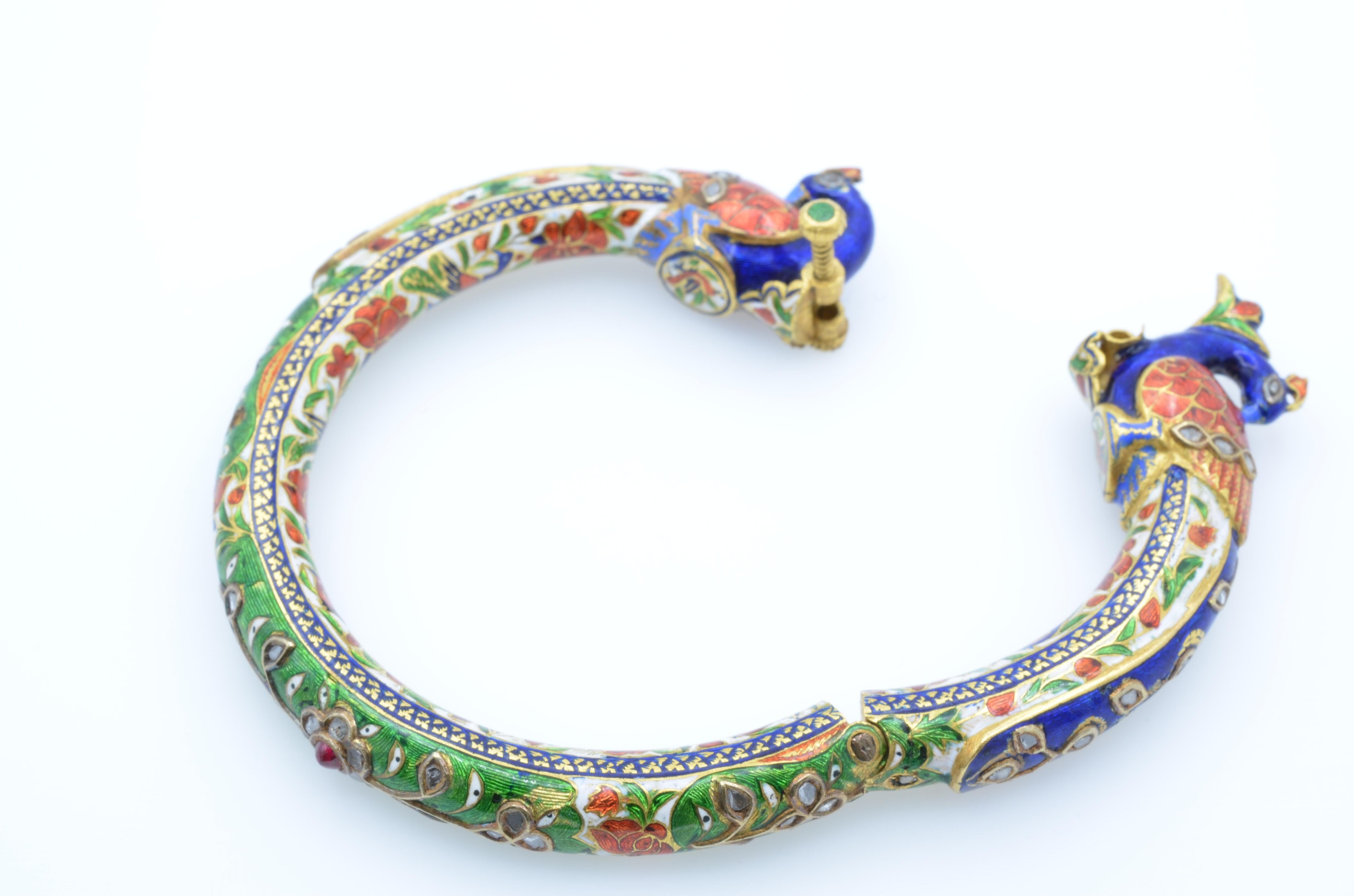 East Indian Mughal Enamel Peacock 22K Gold Bangle with Kundan Set Diamond Rubies 3