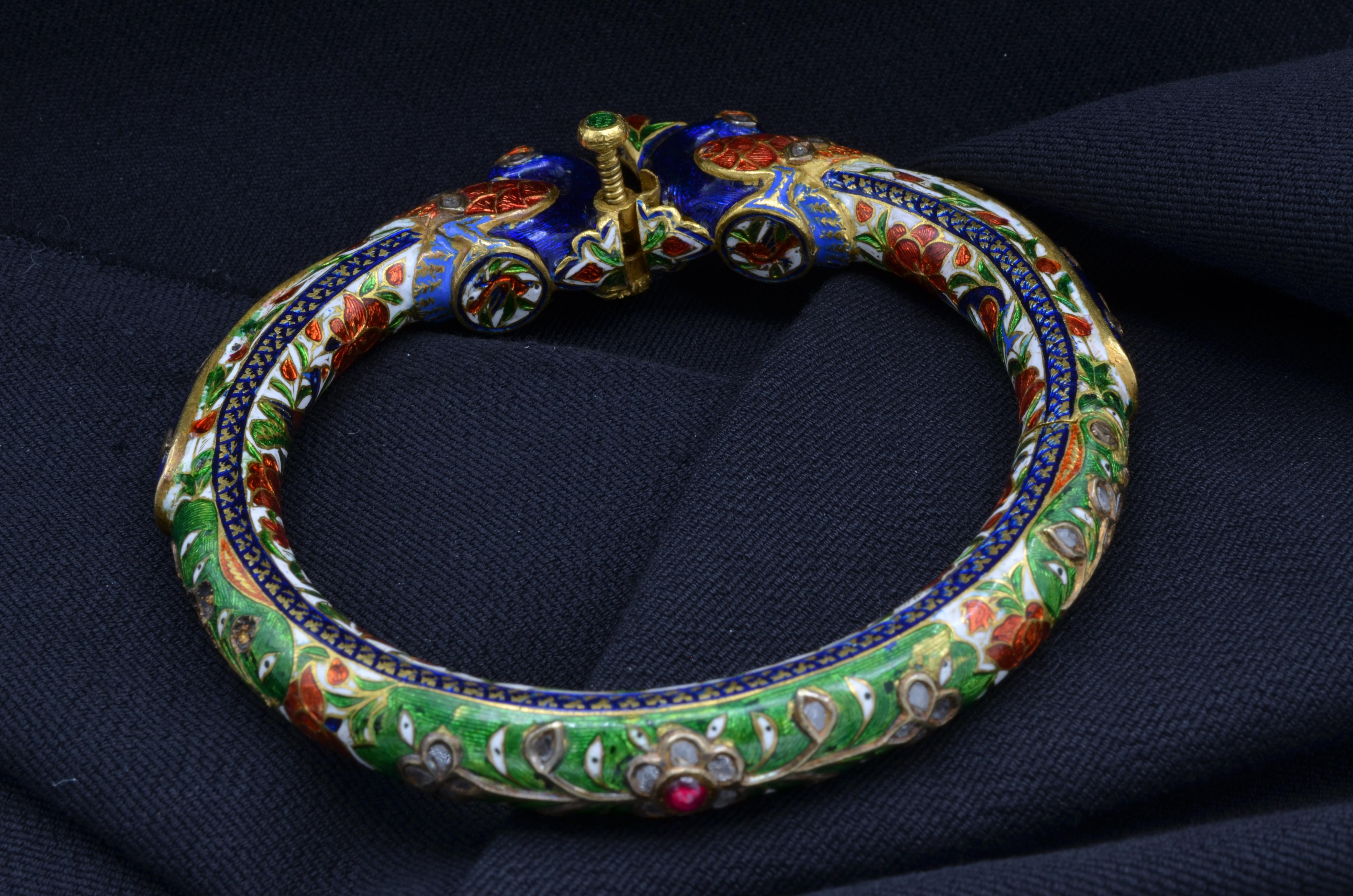 East Indian Mughal Enamel Peacock 22K Gold Bangle with Kundan Set Diamond Rubies 8