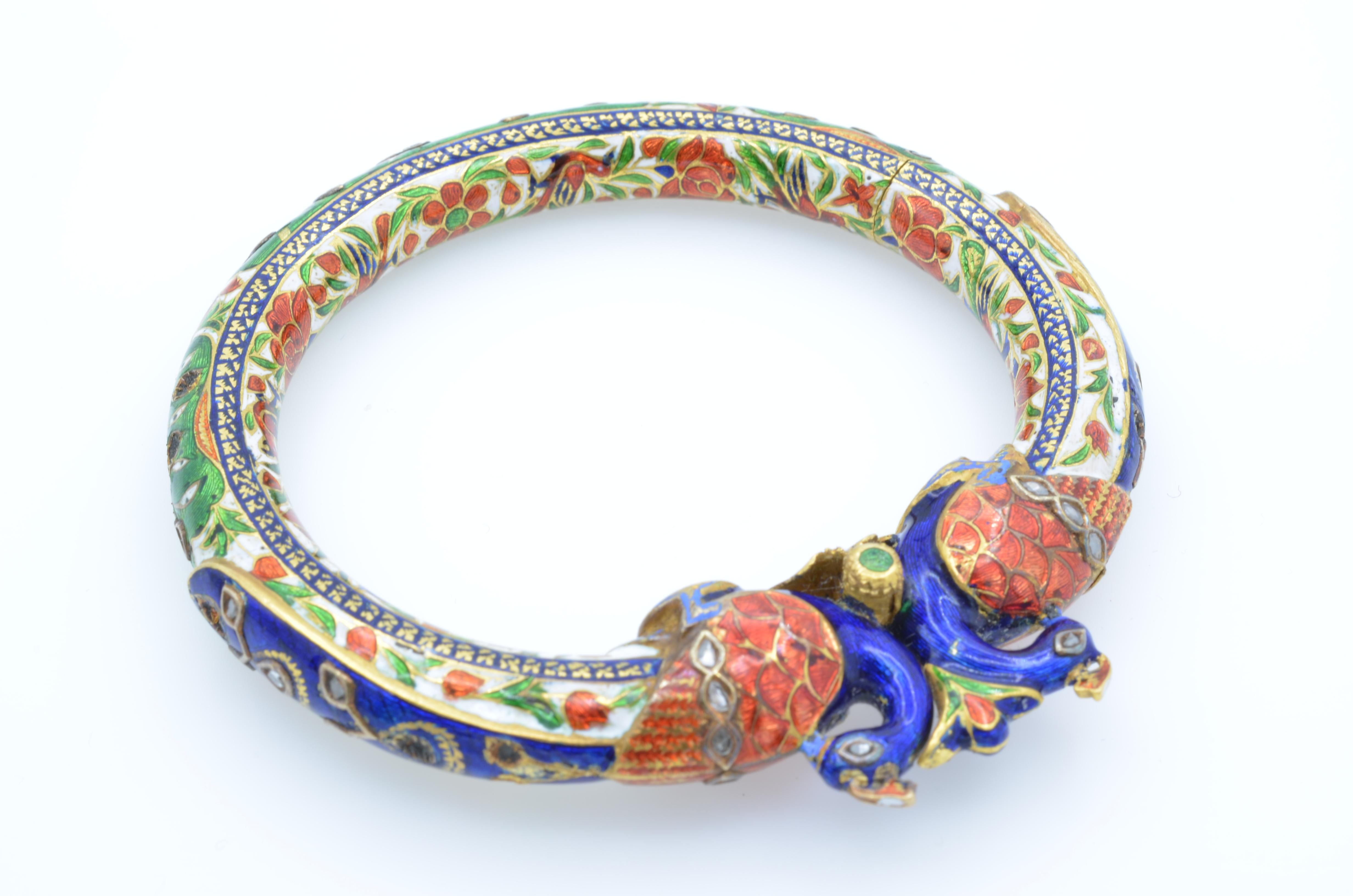 Anglo-Indian East Indian Mughal Enamel Peacock 22K Gold Bangle with Kundan Set Diamond Rubies