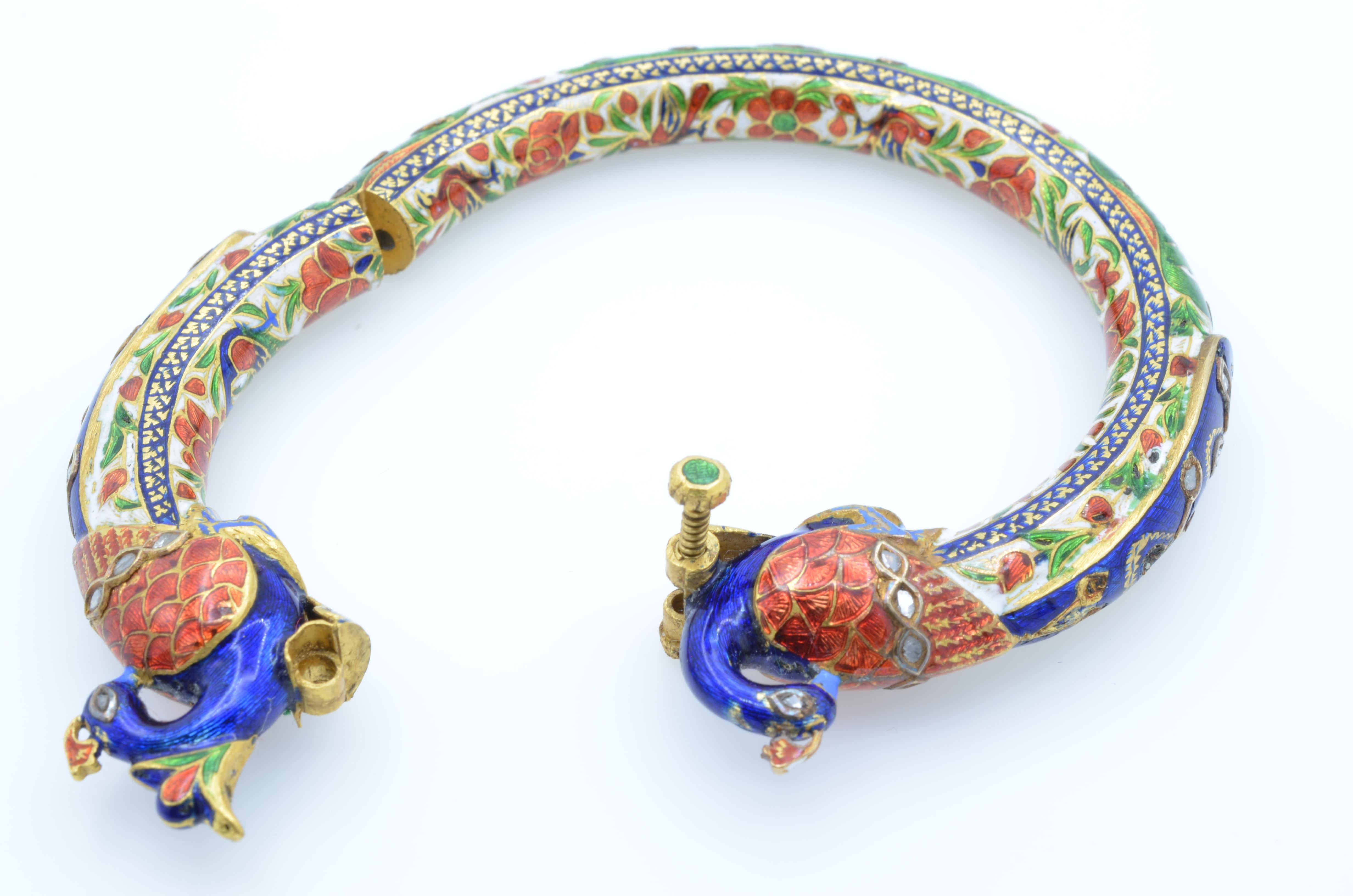 Women's or Men's East Indian Mughal Enamel Peacock 22K Gold Bangle with Kundan Set Diamond Rubies