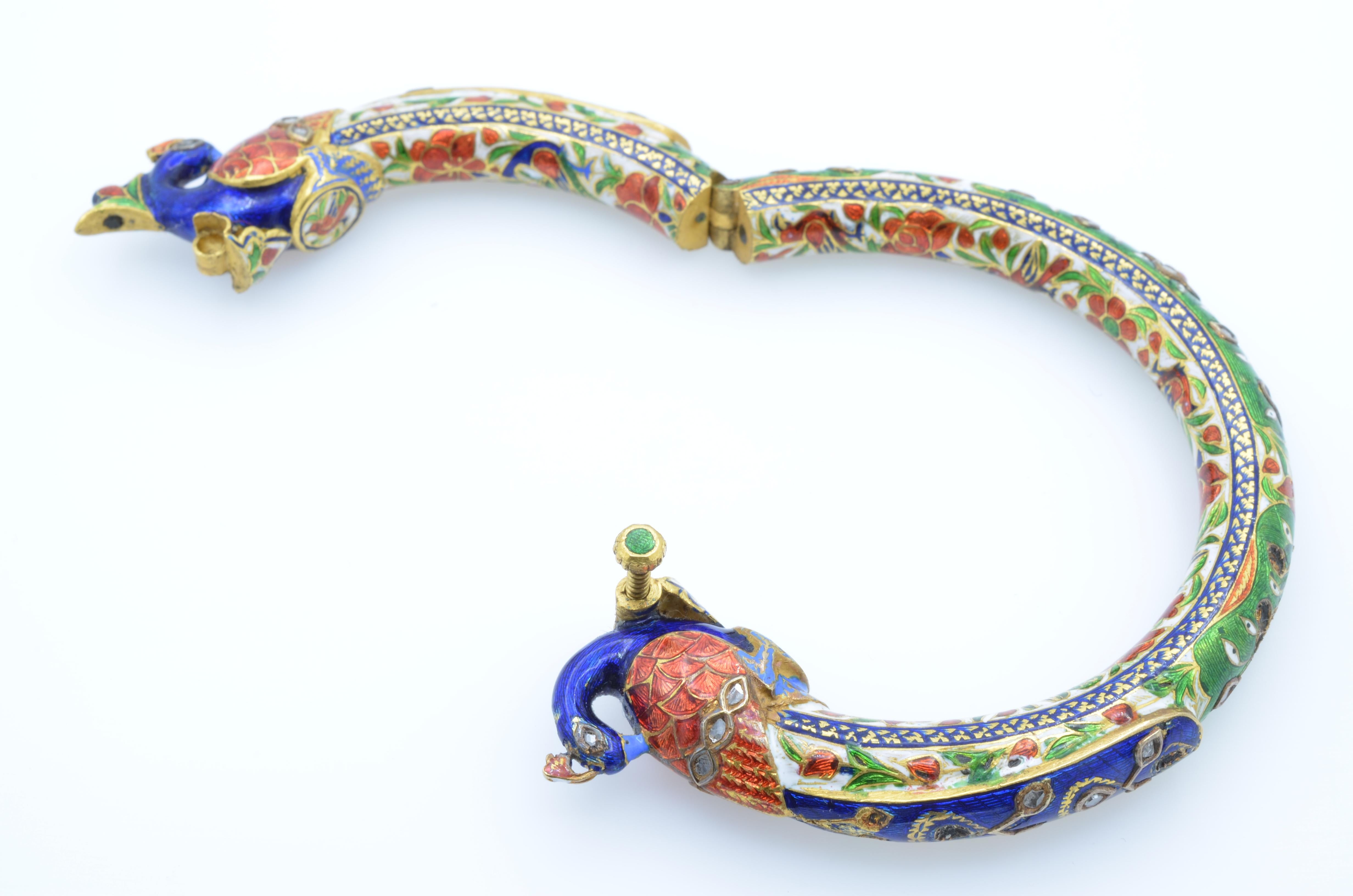 East Indian Mughal Enamel Peacock 22K Gold Bangle with Kundan Set Diamond Rubies For Sale 2
