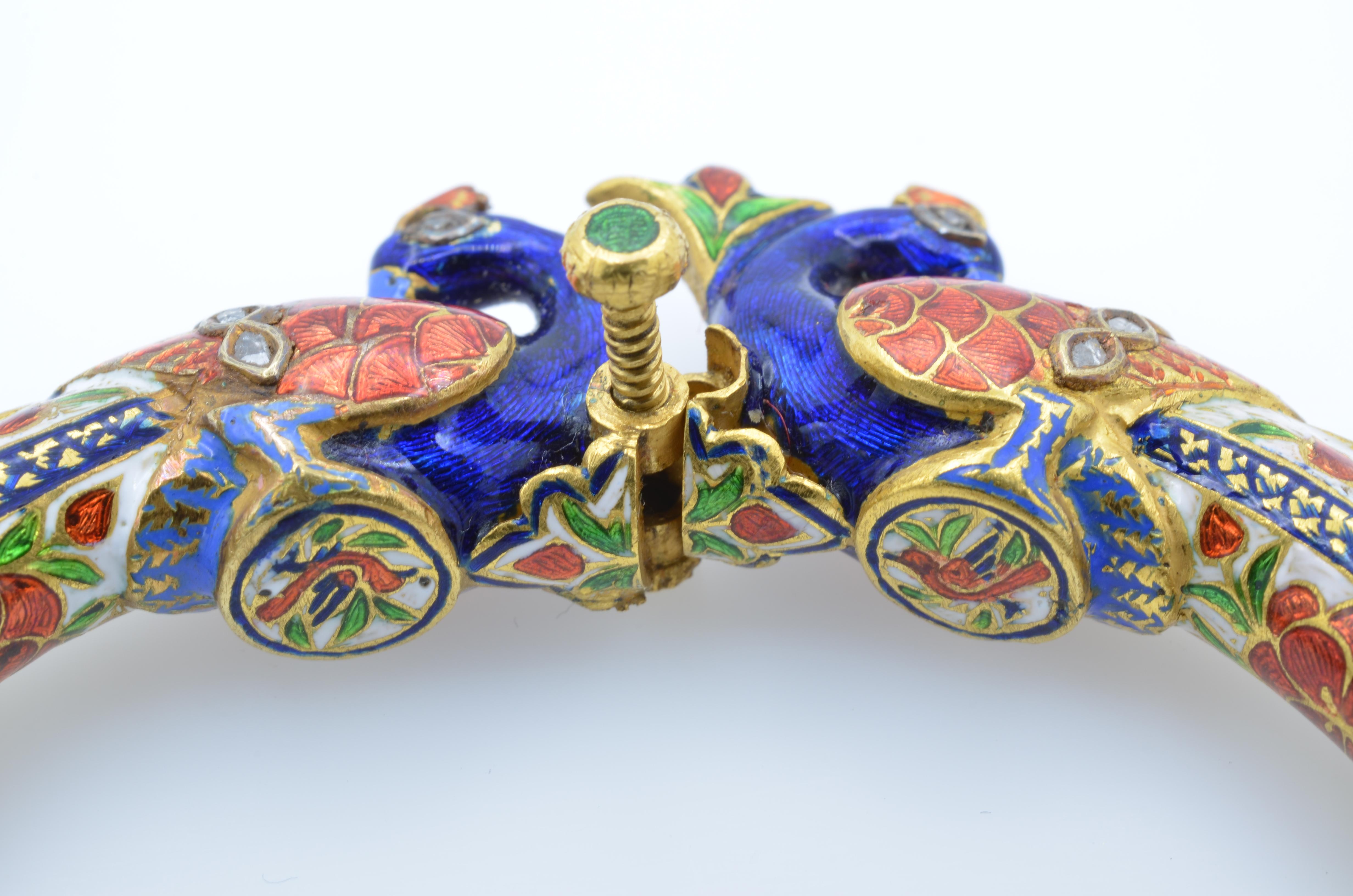 East Indian Mughal Enamel Peacock 22K Gold Bangle with Kundan Set Diamond Rubies For Sale 4