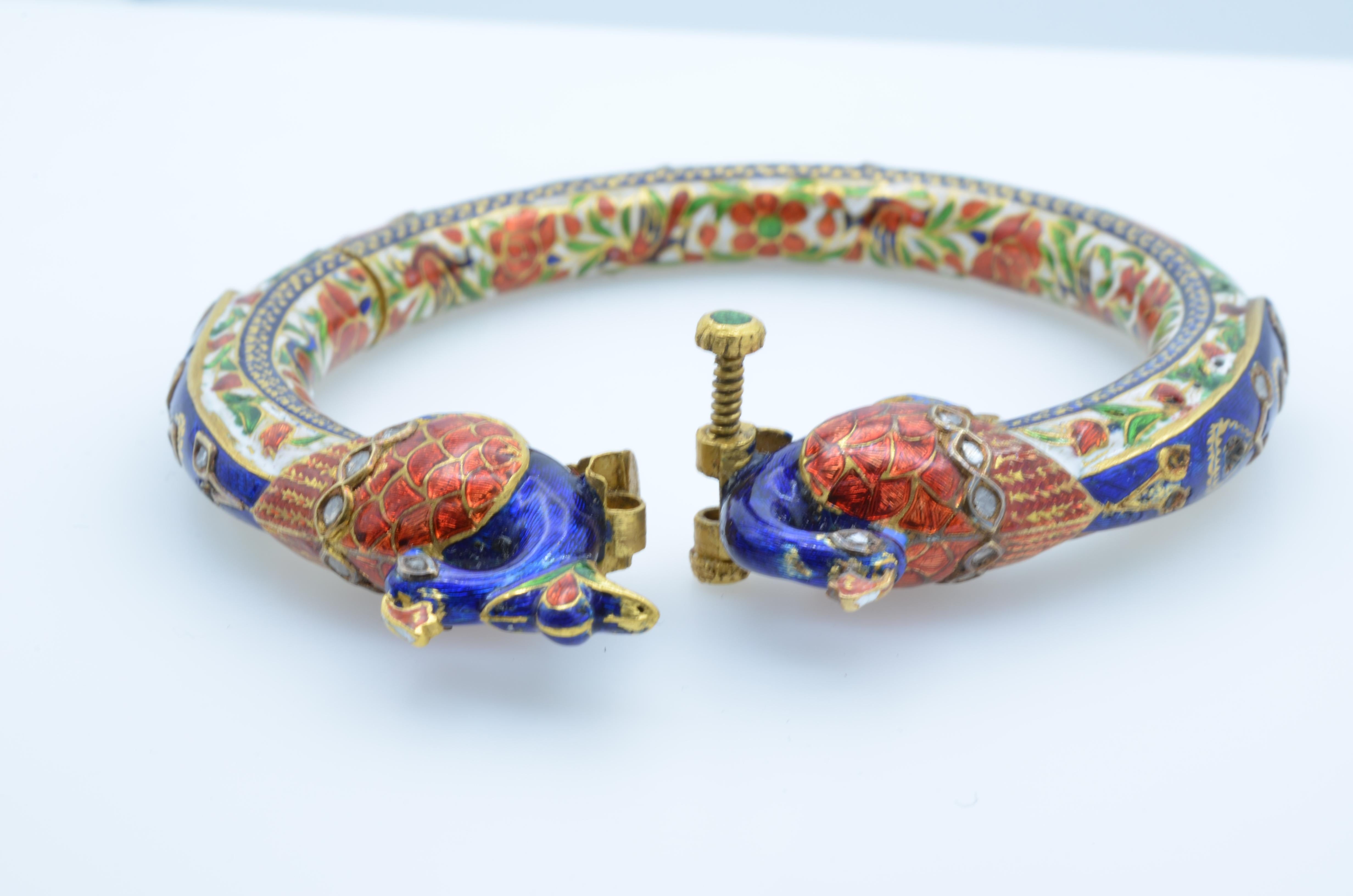 East Indian Mughal Enamel Peacock 22K Gold Bangle with Kundan Set Diamond Rubies For Sale 6