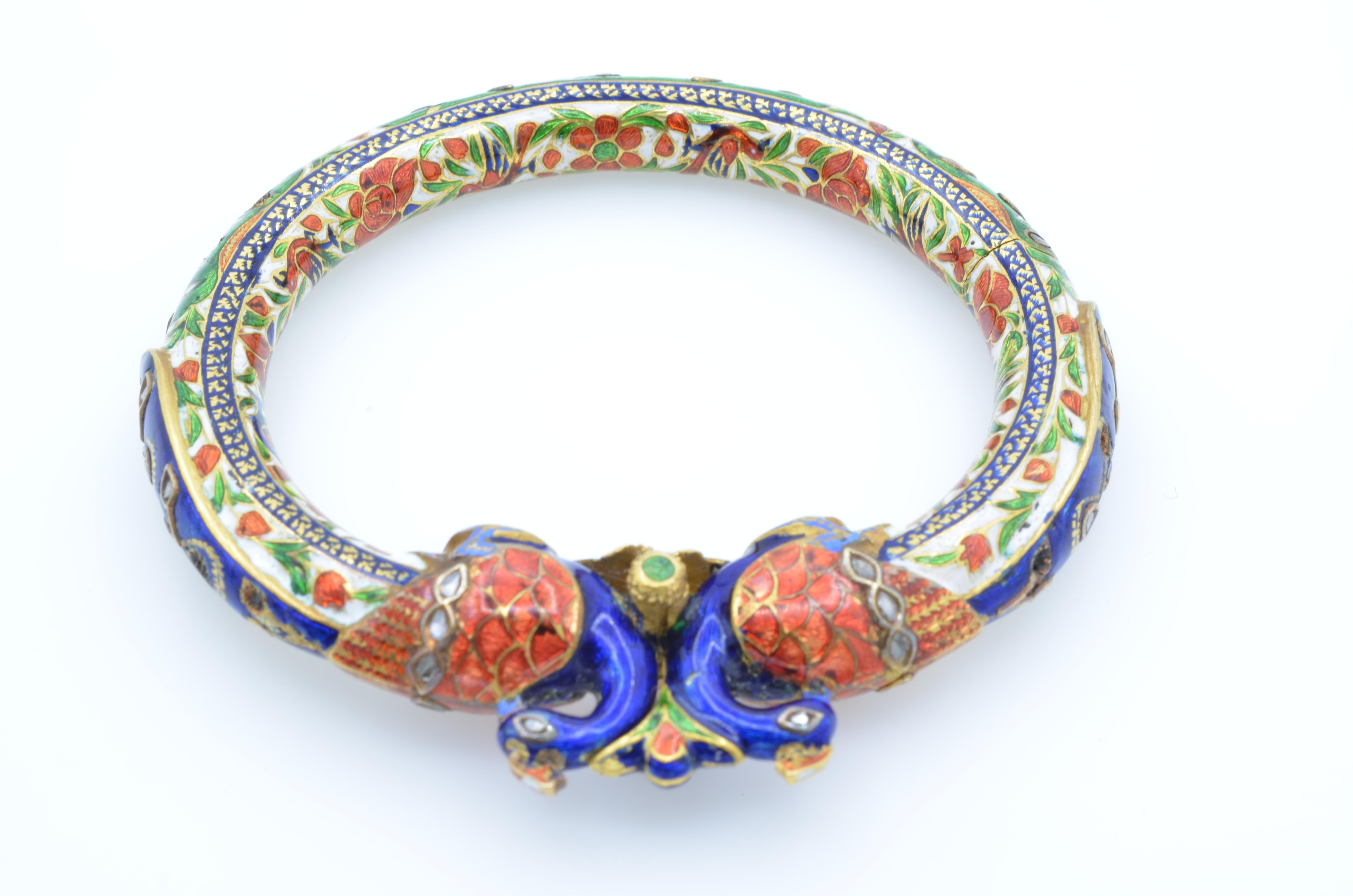 Round Cut East Indian Mughal Enamel Peacock 22K Gold Bangle with Kundan Set Diamond Rubies For Sale