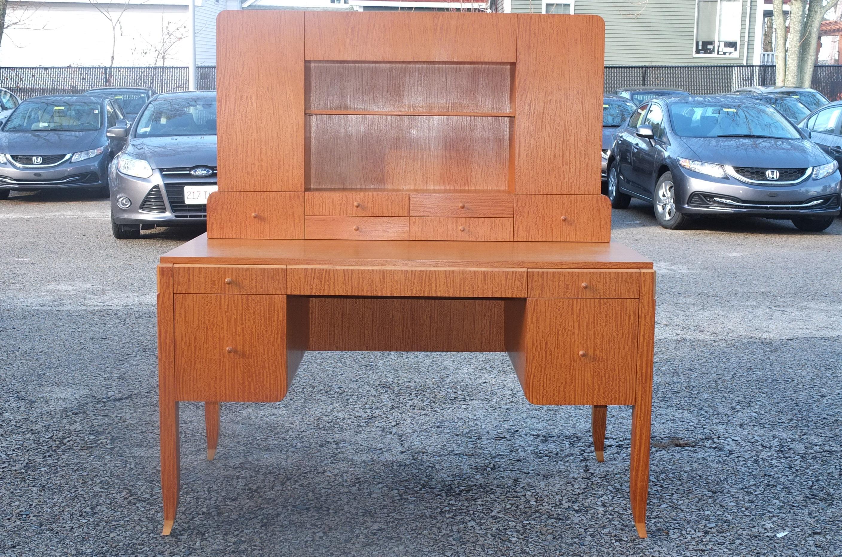 Spectacular tour de force art deco style desk custom made by Cumberland, Maine studio furniture maker, Gregg Lipton.

Inspired by Émile-Jacques Ruhlmann’s
Soussa desk.

Executed with extra special love for his parent's St. Louis