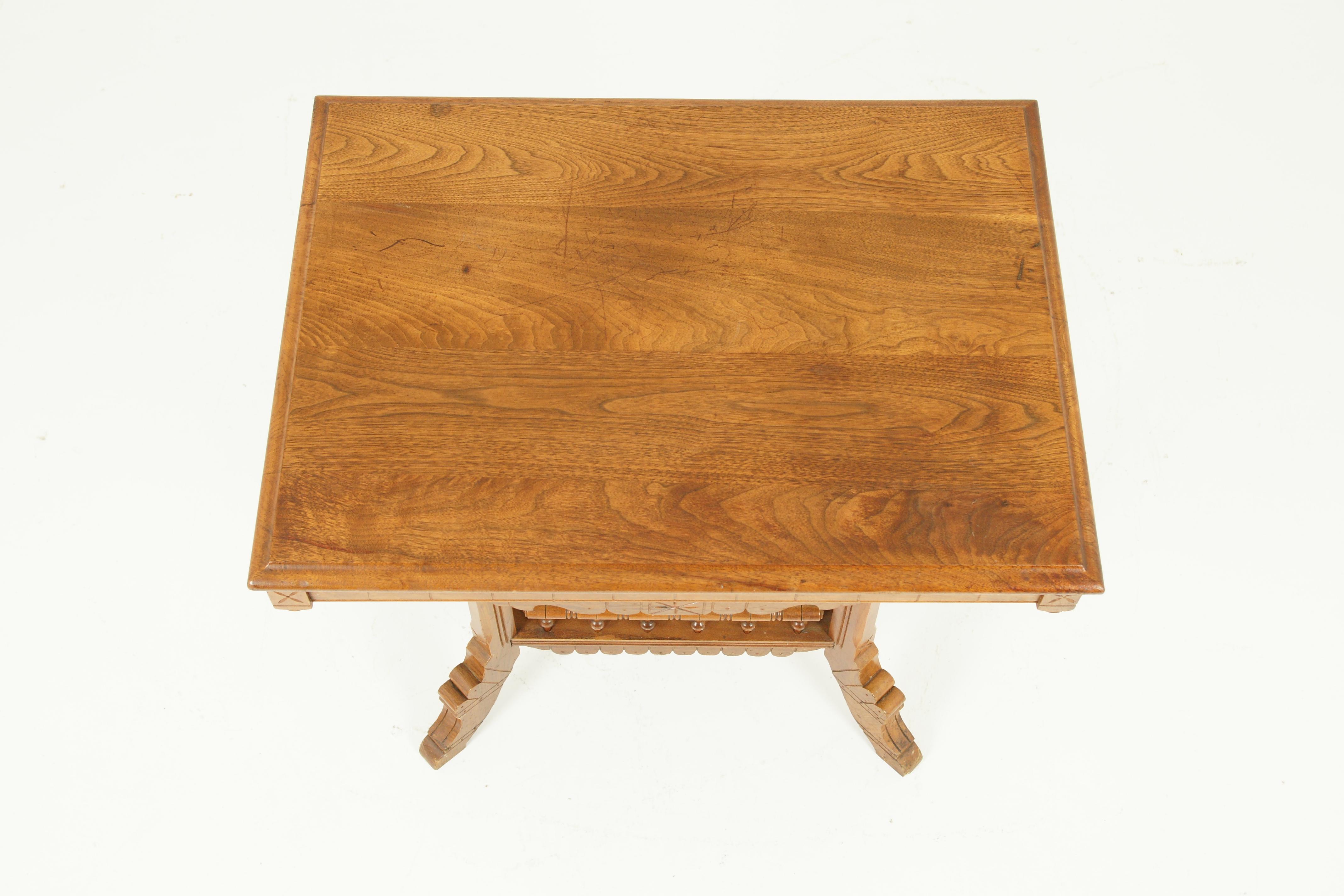 Antique Hall Table, East Lake Hall Table, Stick and Ball, Ash, USA, 1890, B1611

America, 1890
Solid ash
Rectangular top
Moulded edge
Carved underskirt
Finials on all four corners
Stand on four carved outswept legs
Undershelf connected to the