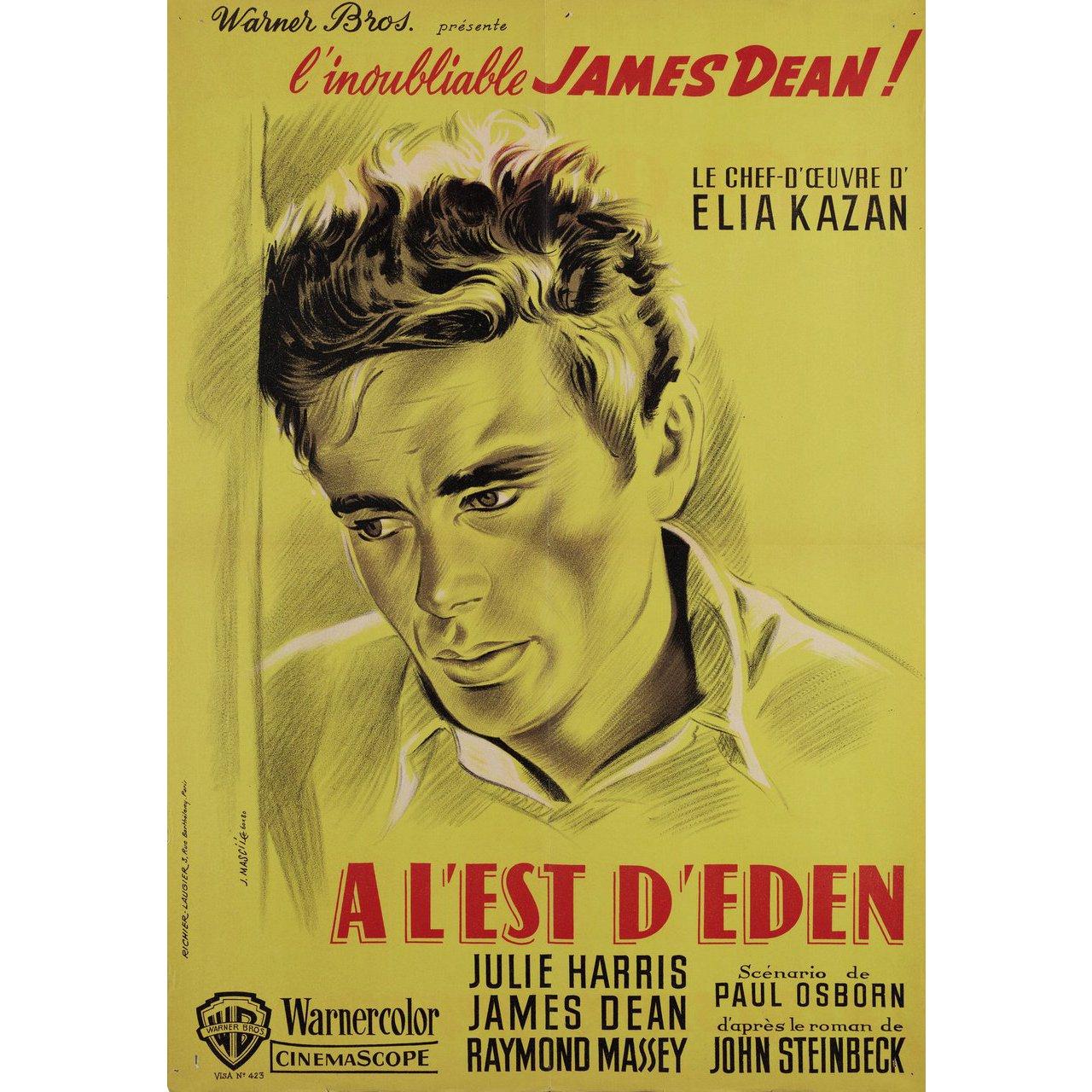 Original 1960s re-release French moyenne poster by Jean Mascii for the 1955 film East of Eden directed by Elia Kazan with Julie Harris / James Dean / Raymond Massey / Burl Ives. Very Good-Fine condition, folded. Many original posters were issued