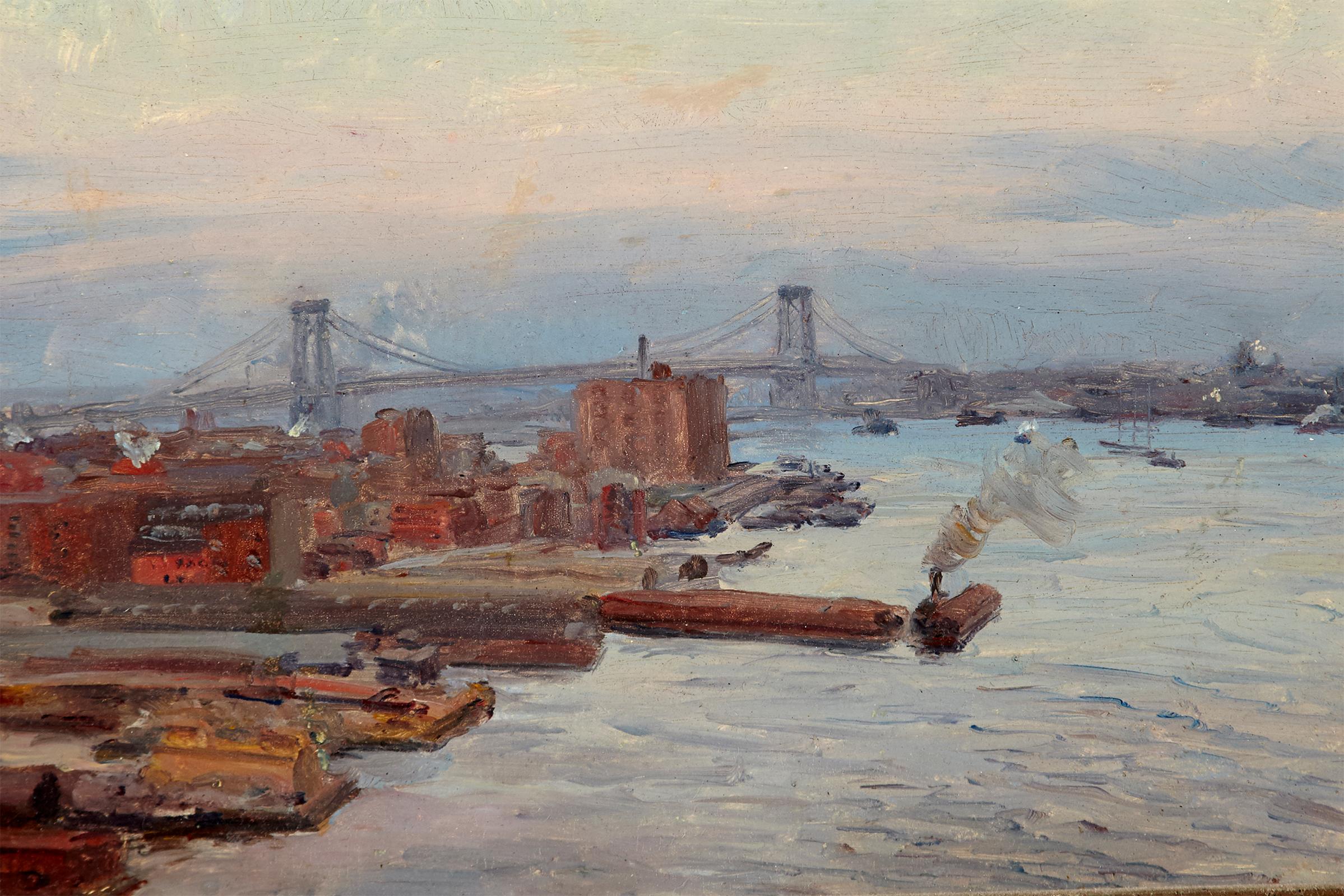 Great unsigned impressionist painting of New York City Harbor by an unknown talented artist. In pencil on the back of the board appears to read April, 1911 but no other clues are given to who may have painted this. It is in very good condition and