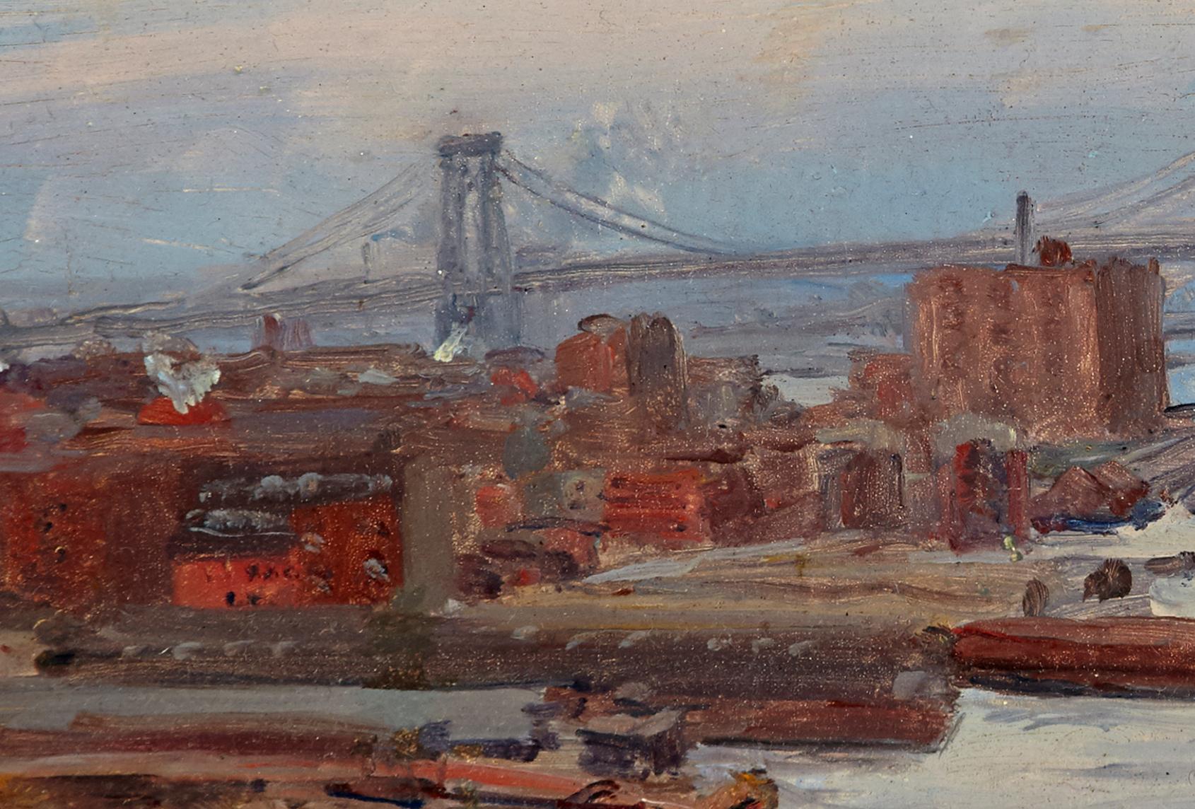 American 'East River, NYC Harbor' Unsigned Painting Oil on Board, Early 20th Century