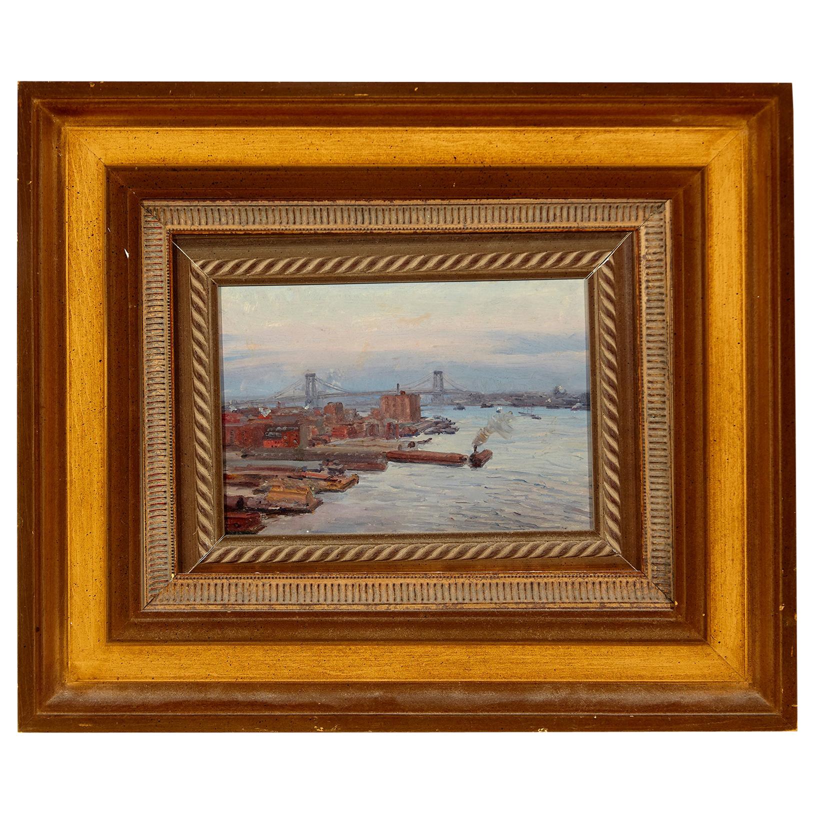 'East River, NYC Harbor' Unsigned Painting Oil on Board, Early 20th Century