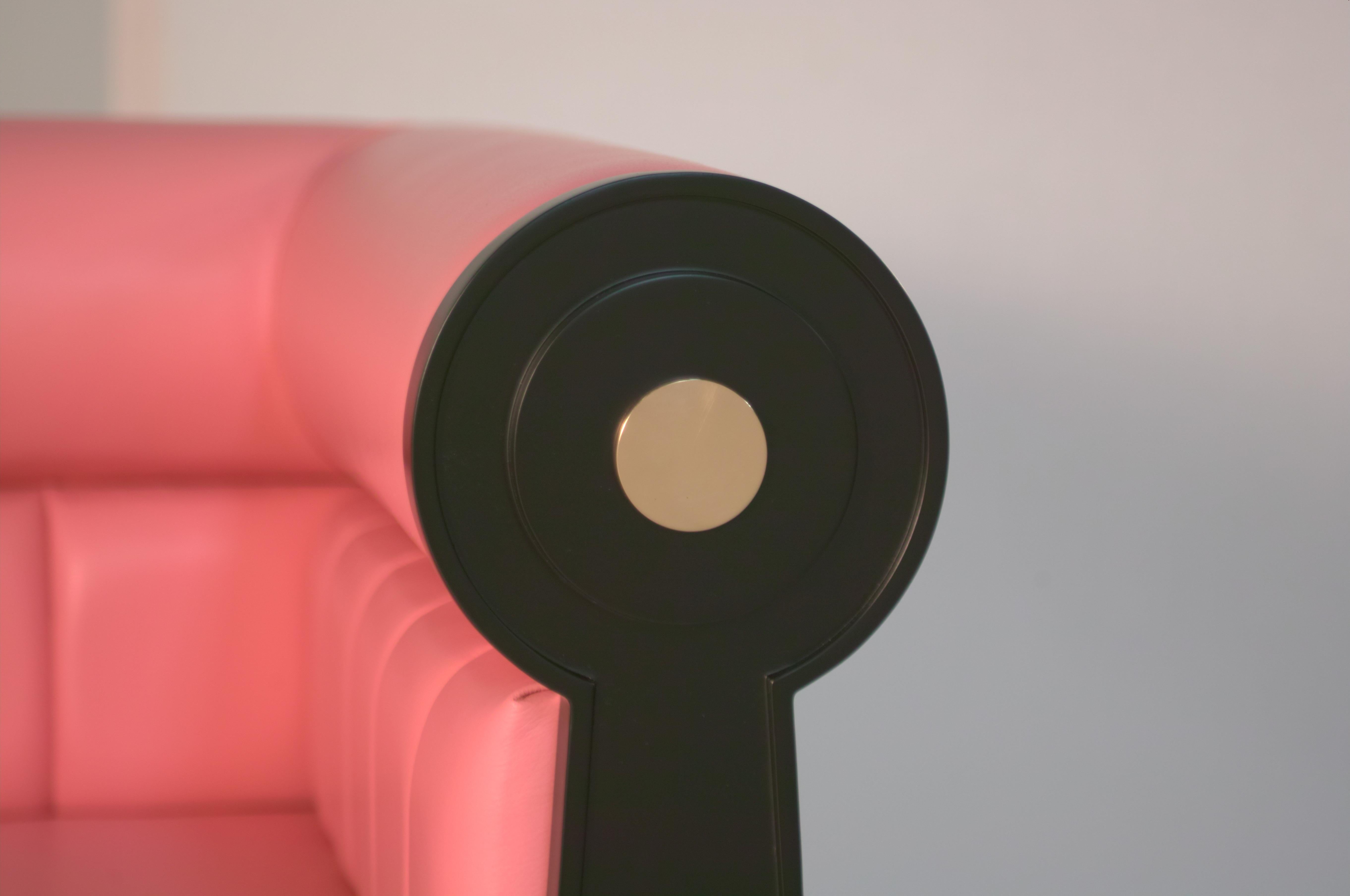 Wood EAST SIDE Lounge Armchair Neoclassical Inspiration Pink Leather and Brass For Sale