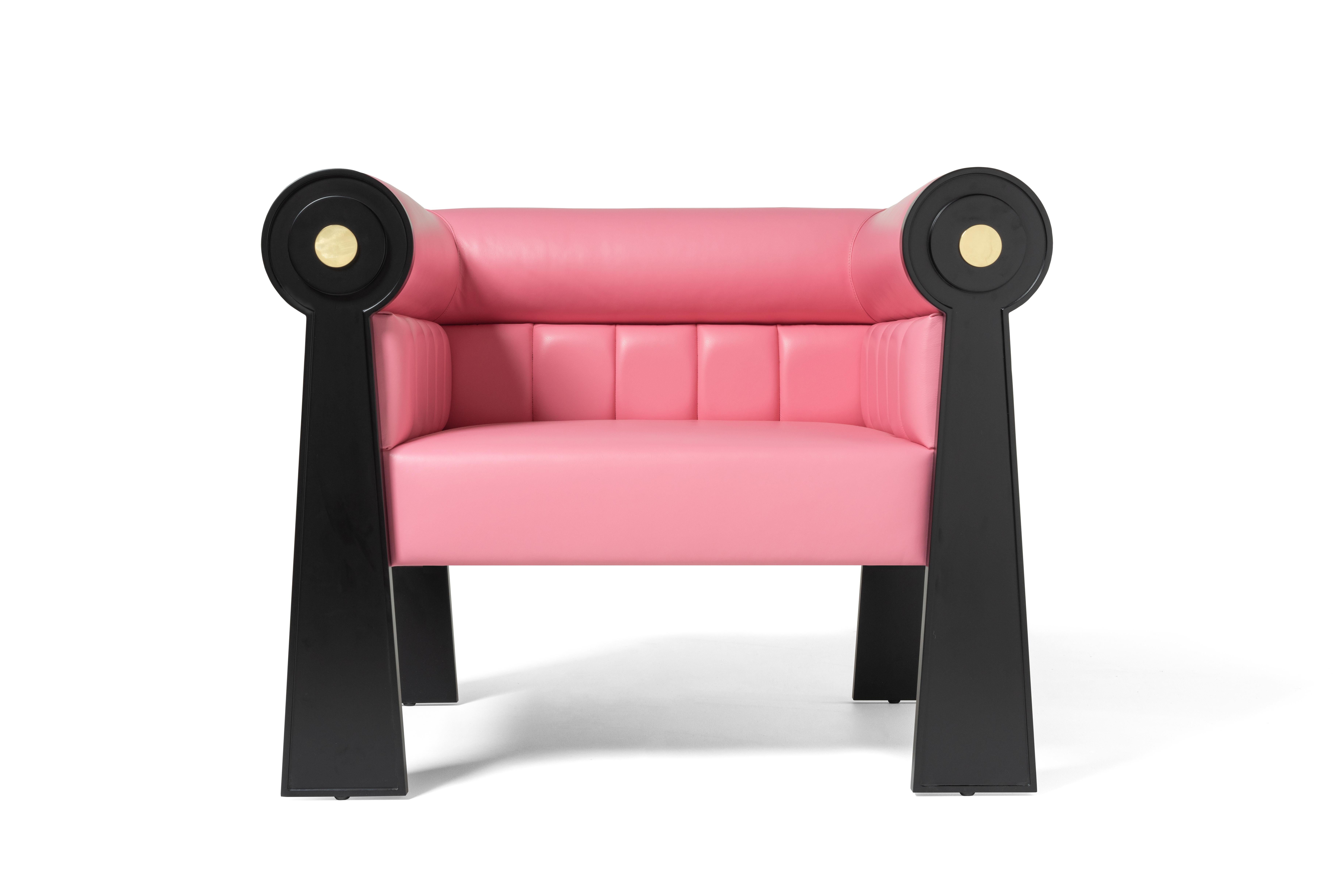 Hand-Carved EAST SIDE Lounge Armchair Neoclassical Inspiration Pink Leather and Brass For Sale