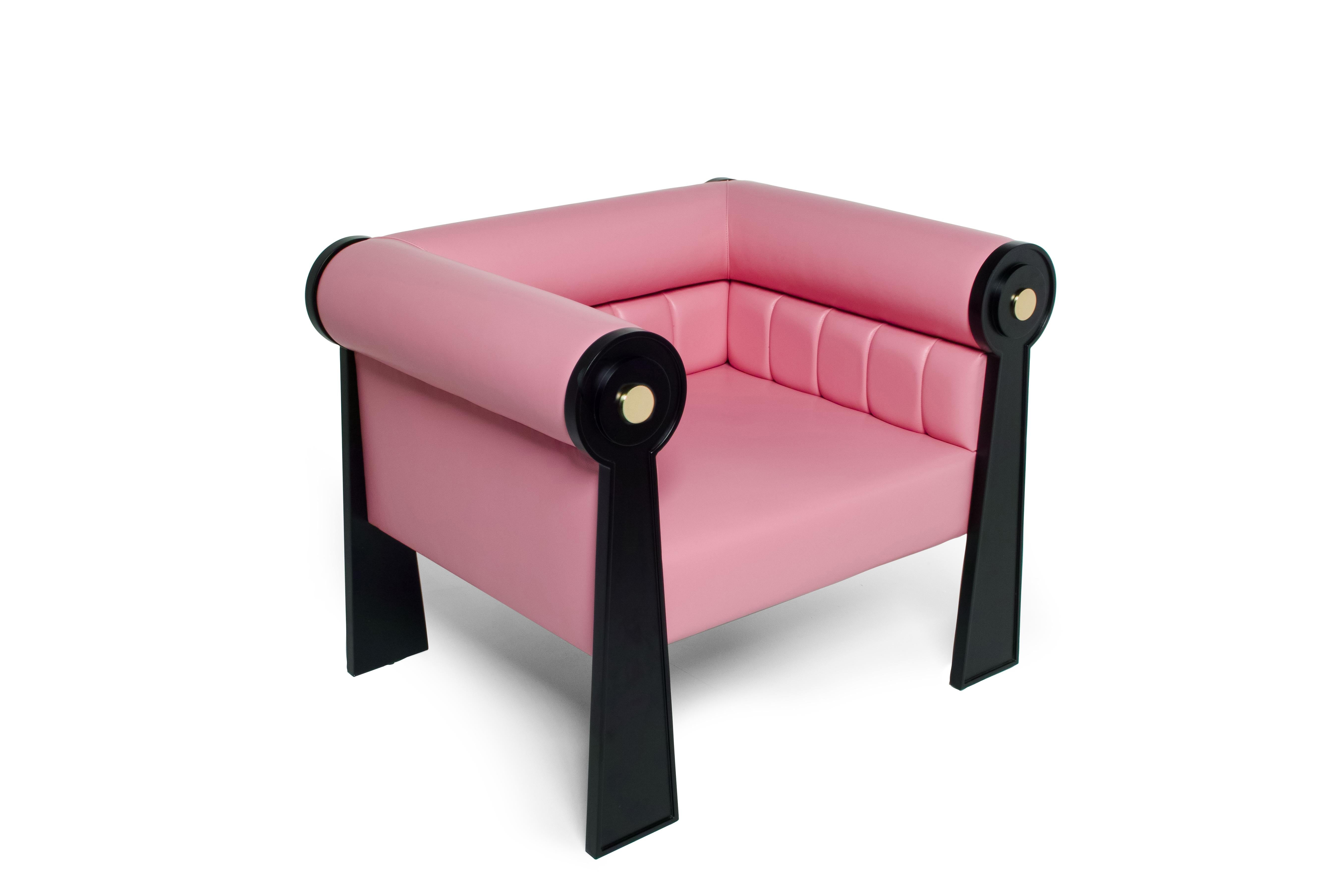 Contemporary EAST SIDE Lounge Armchair Neoclassical Inspiration Pink Leather and Brass For Sale
