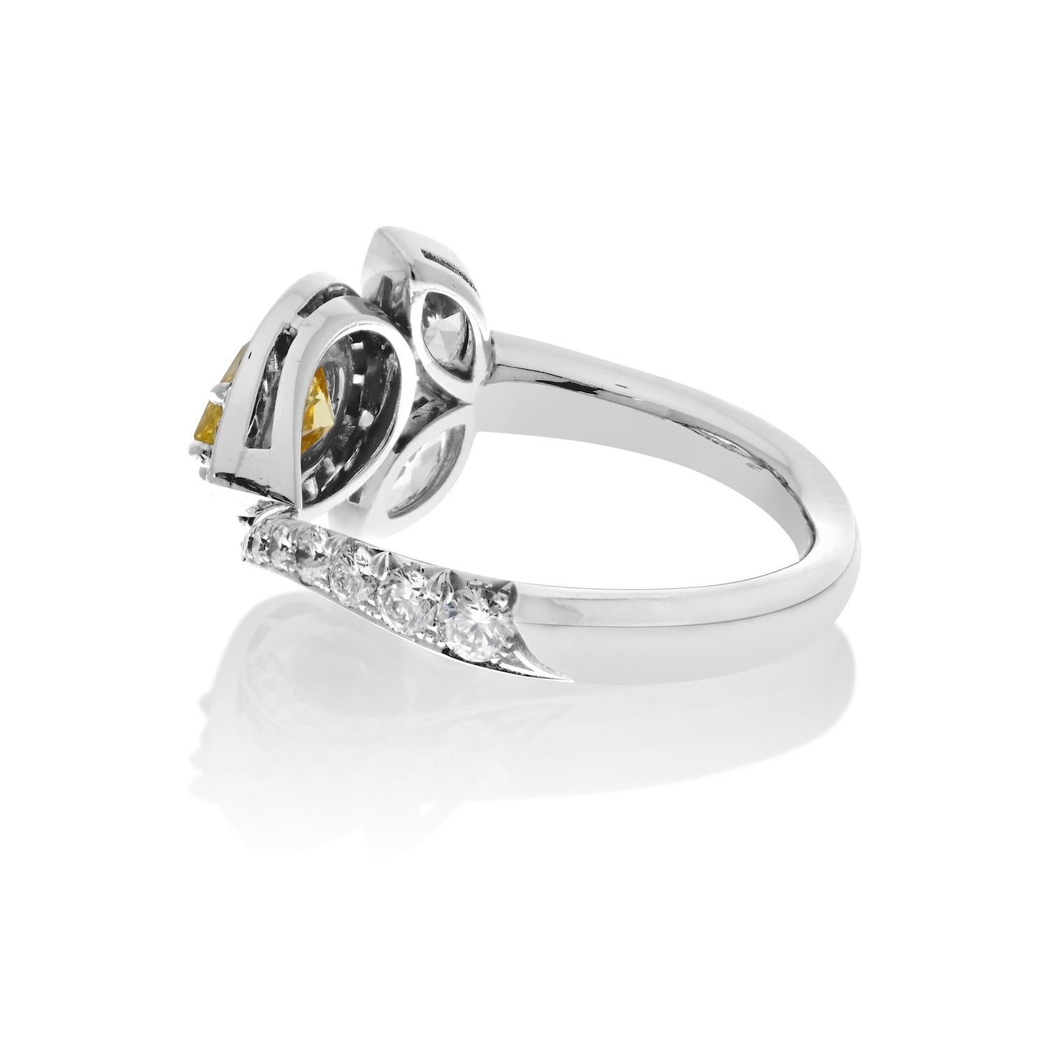 Pear Cut East West 1.17ct Fancy Yellow Pear cut Sapphire Halo Flower Cocktail Ring For Sale