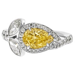 East West 1.17ct Fancy Yellow Pear cut Sapphire Halo Flower Cocktail Ring