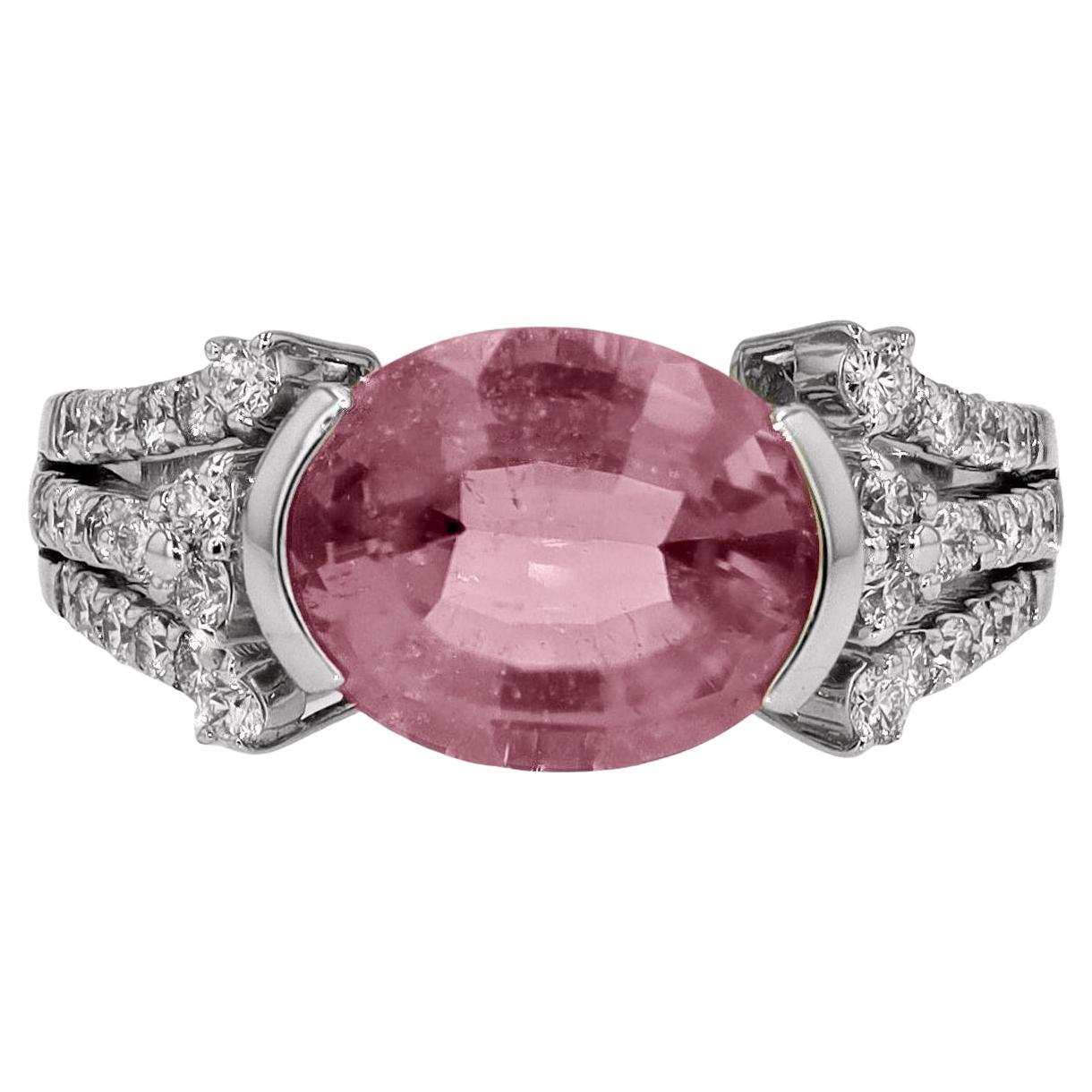East West 6.90 Carat Pink Tourmaline and Diamond Ring For Sale