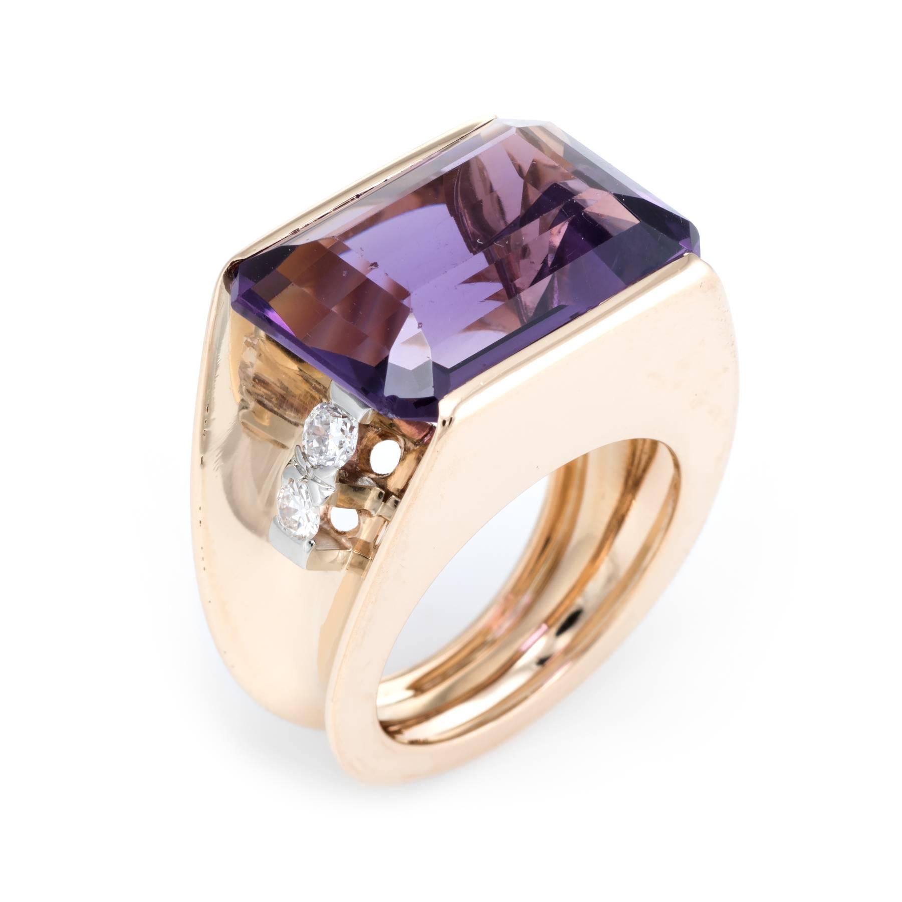 Overview:

Finely detailed vintage (circa 1960s) cocktail ring, crafted in 14 karat yellow gold. 

Emerald cut amethyst measures 18.5mm x 12mm (estimated at 15 carats), accented with an estimated 0.40 carats of diamonds (estimated at H-I color and