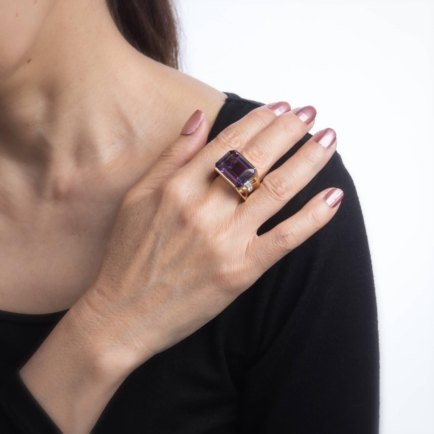 Women's East West Amethyst Diamond 1960s Cocktail Ring 