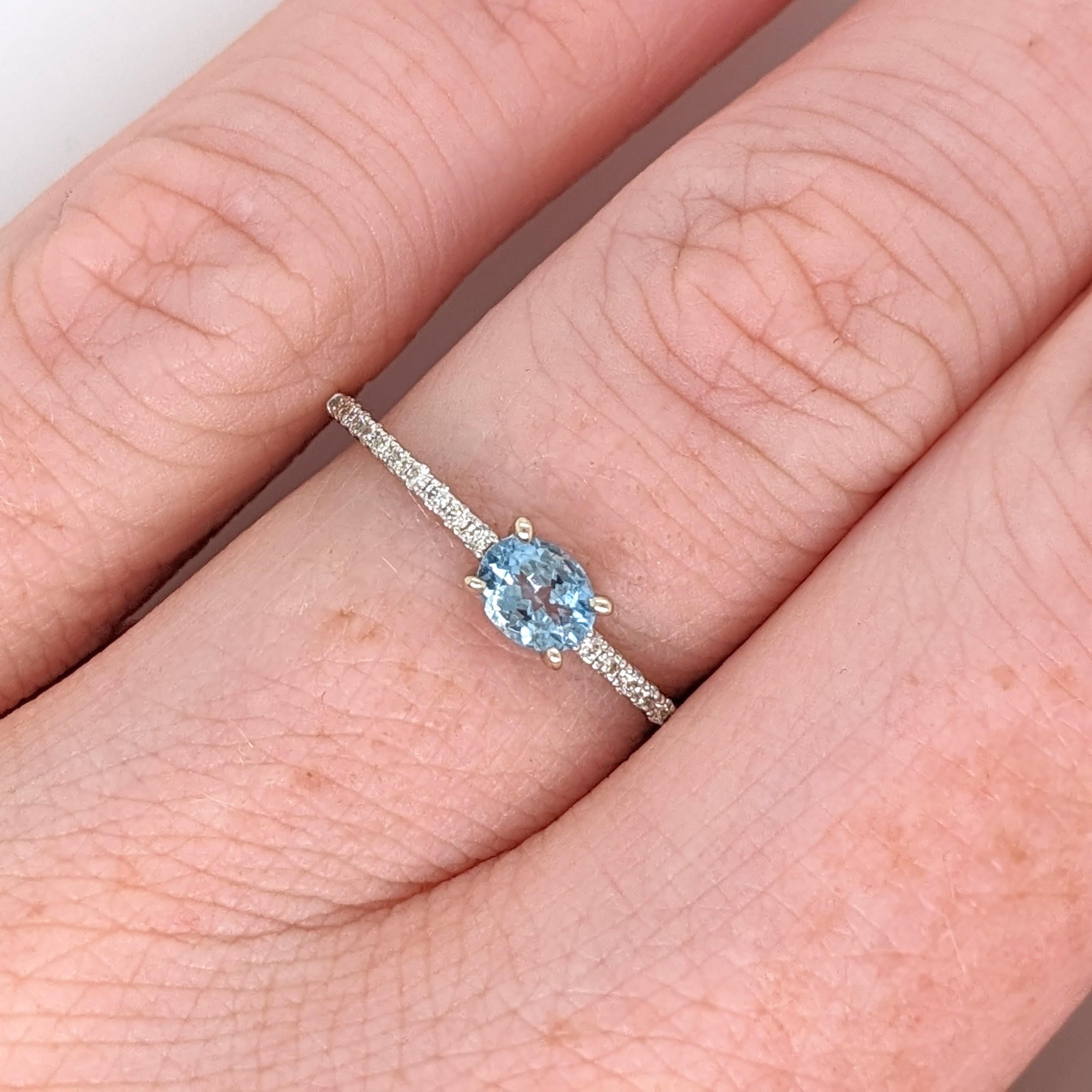 Oval Cut East West Aquamarine Ring w Natural Diamonds in Solid 14K White Gold Oval 3x5mm For Sale