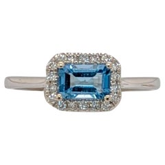 East West Aquamarine Ring with Natural Diamond Halo in Solid 14K Gold EM 6x4mm