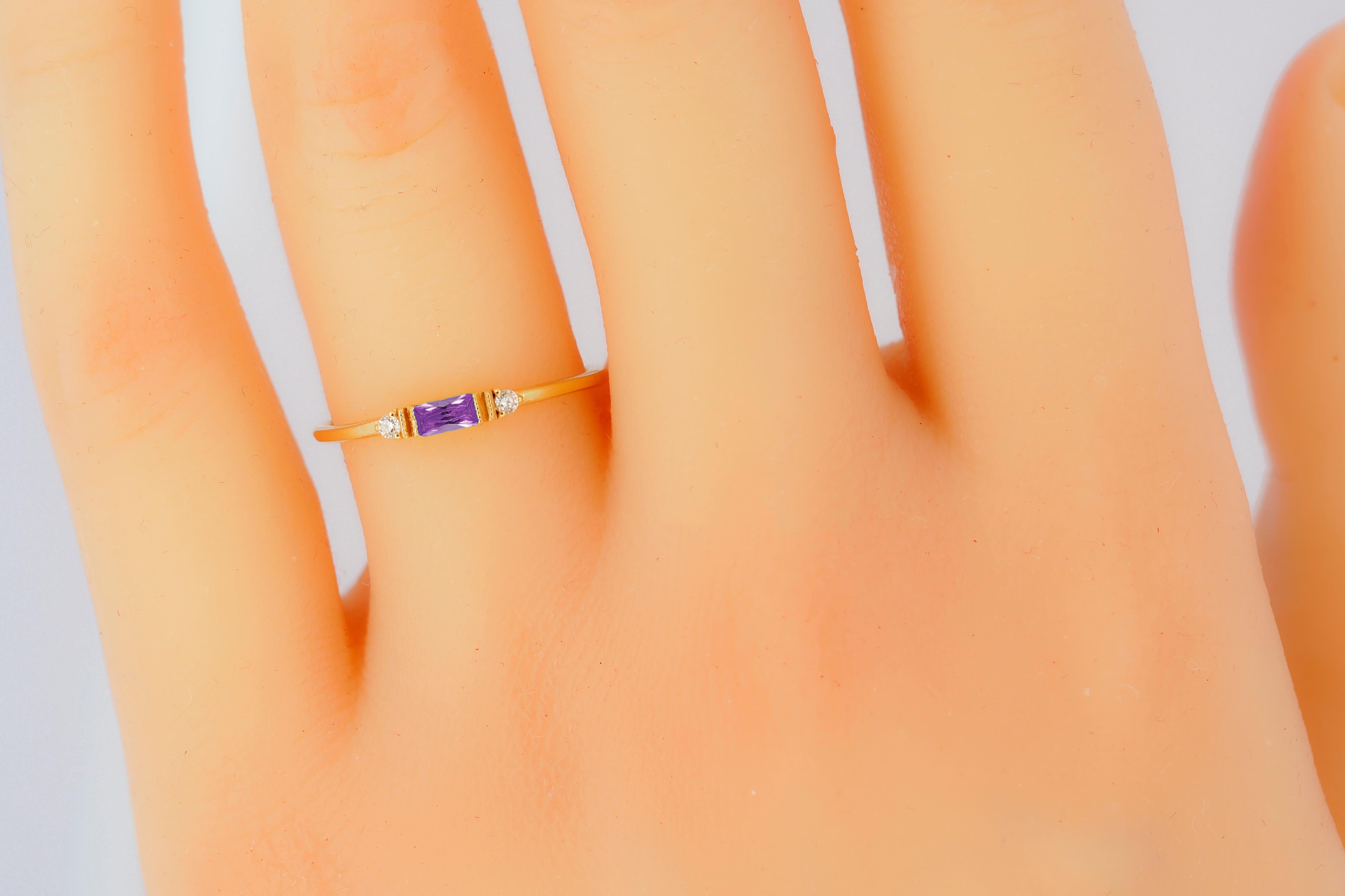 East west Baguette Cut Lab Amethyst Engagement 14k gold Ring In New Condition For Sale In Istanbul, TR