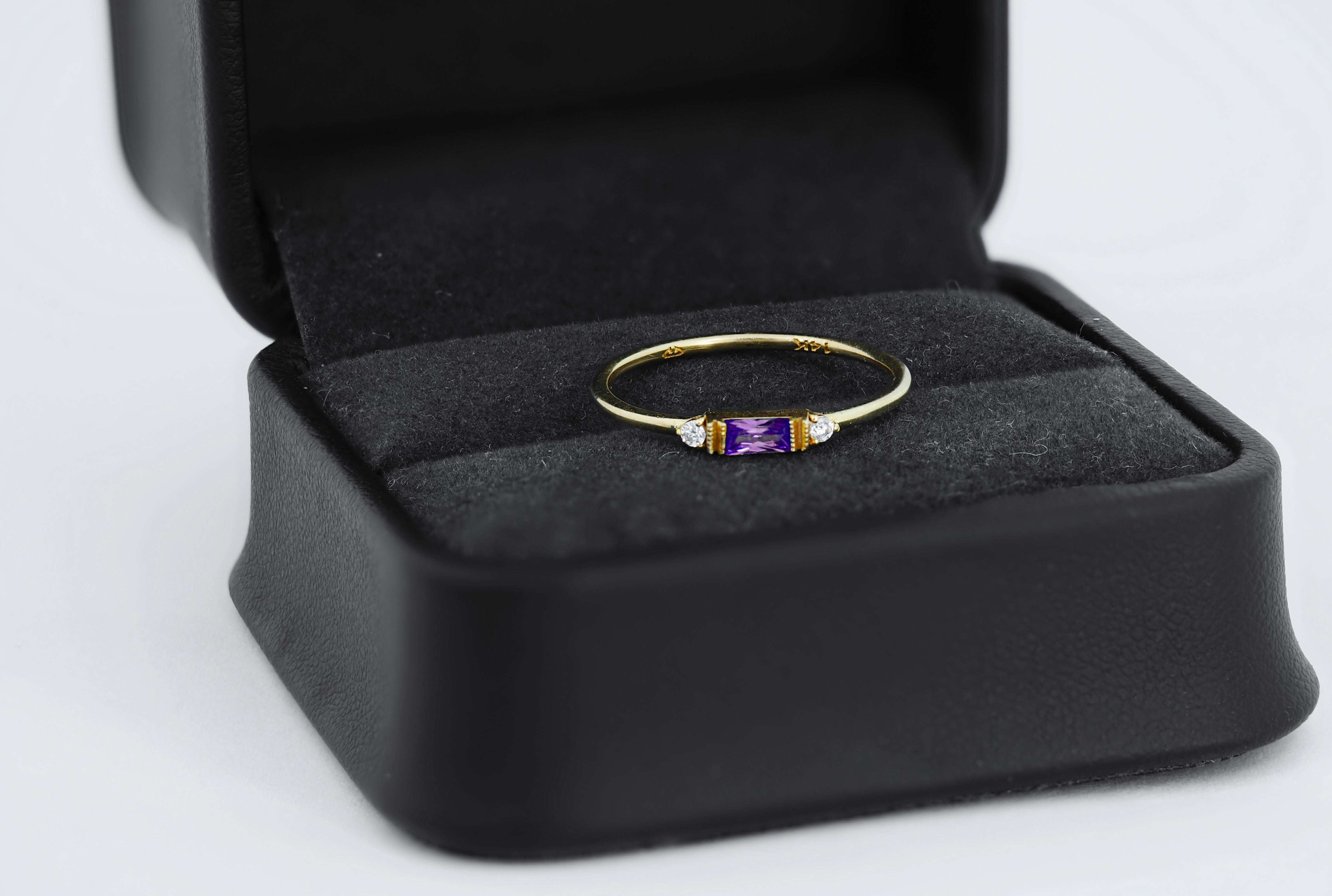 For Sale:  East west Baguette Cut Lab Amethyst Engagement 14k gold Ring. 4