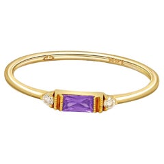 East West Baguette Cut Lab Amethyst Engagement 14k Gold Ring.