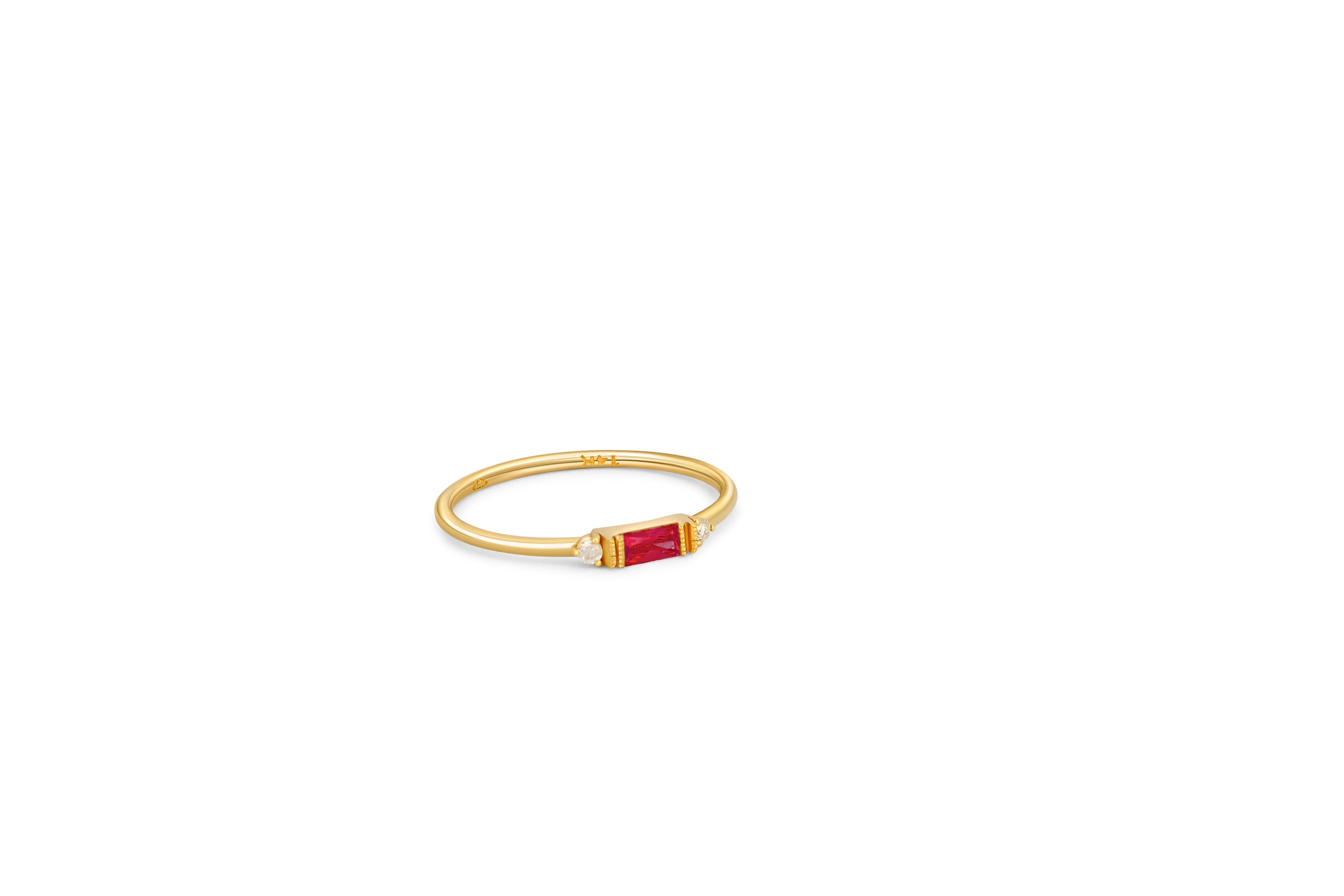 For Sale:  East west Baguette Cut Lab Ruby Engagement 14k gold Ring. 3
