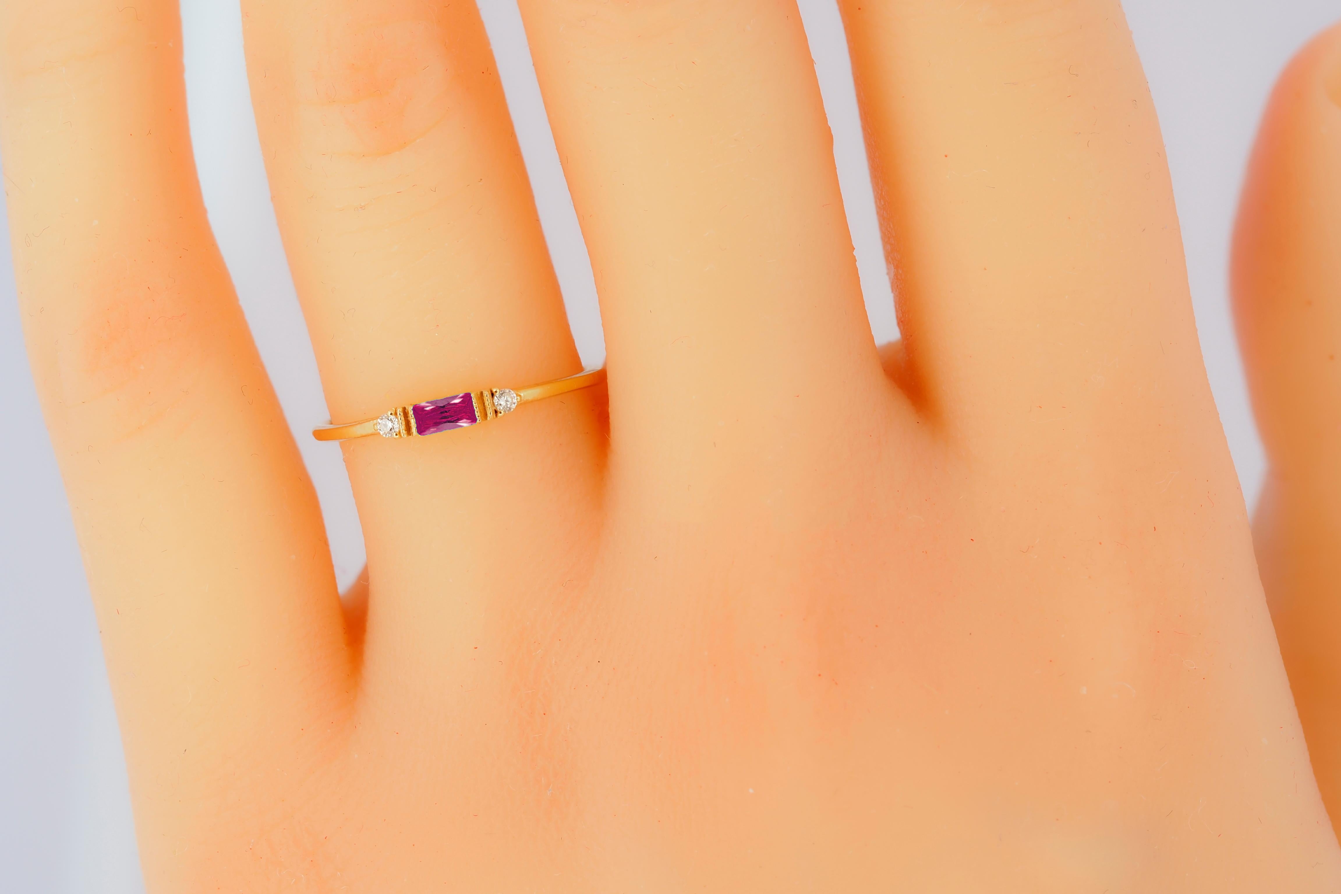 East west Baguette Cut Lab Ruby Engagement 14k gold Ring In New Condition For Sale In Istanbul, TR