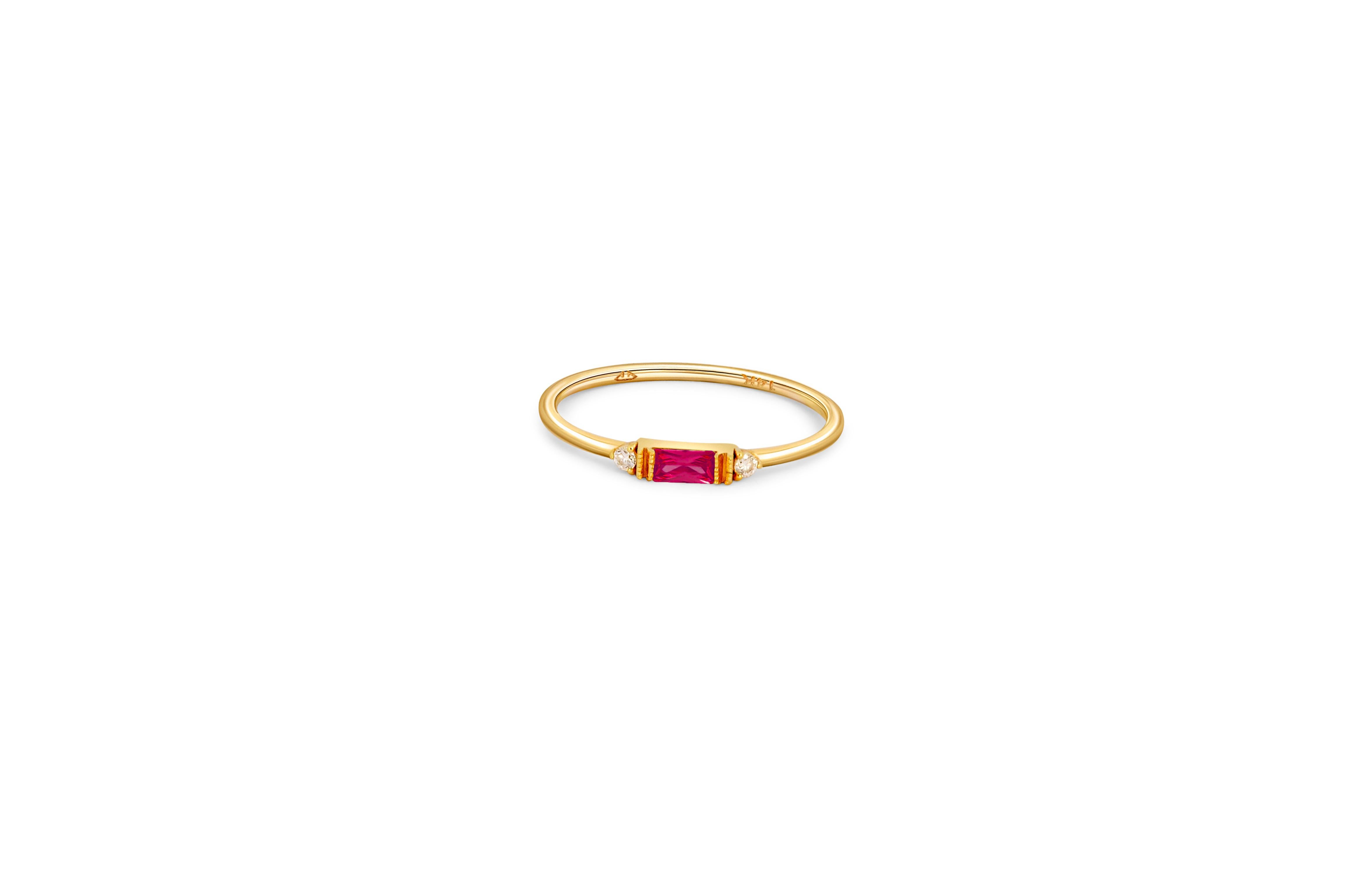 Women's or Men's East west Baguette Cut Lab Ruby Engagement 14k gold Ring For Sale