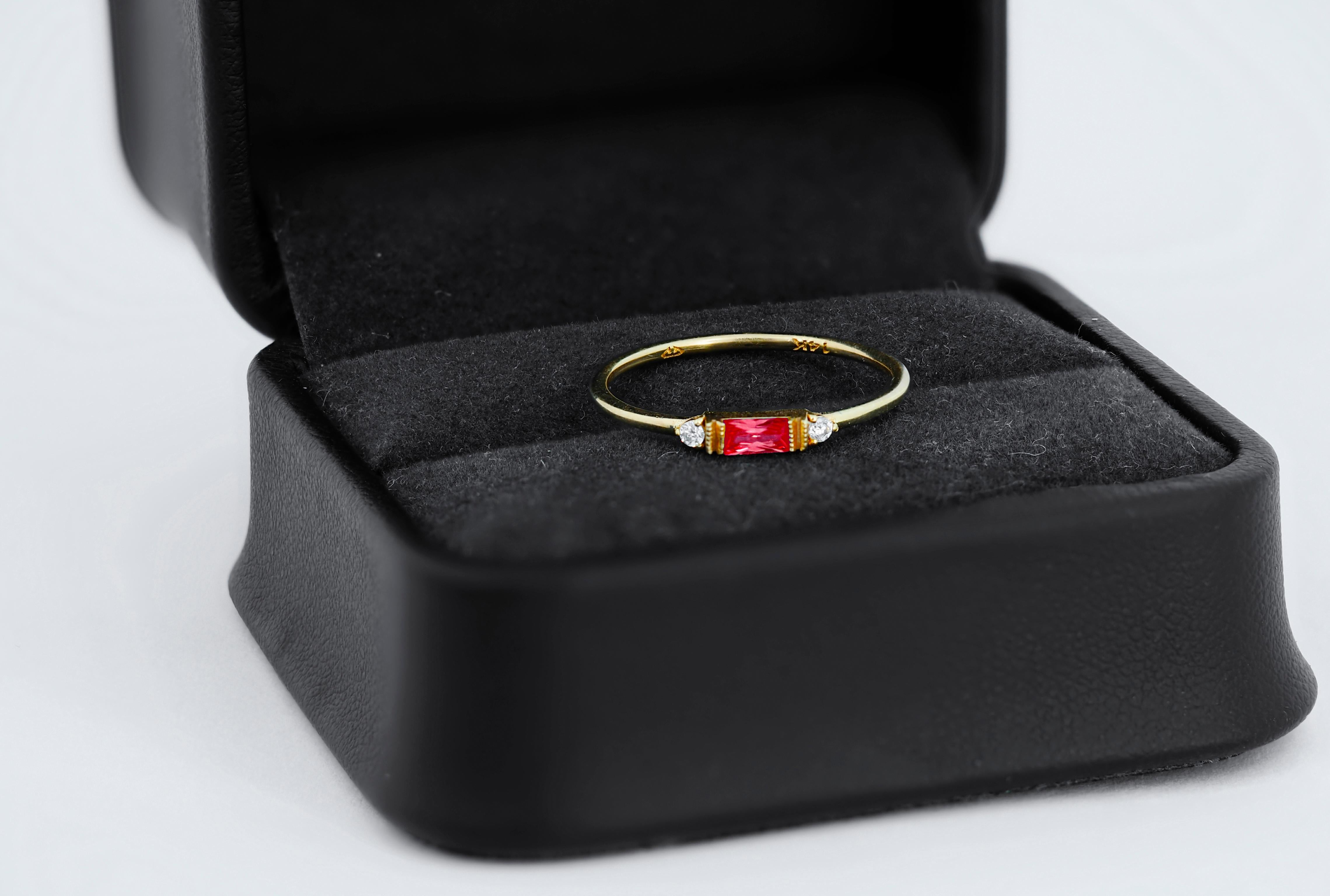 For Sale:  East west Baguette Cut Lab Ruby Engagement 14k gold Ring. 5