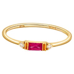 East West Baguette Cut Lab Ruby Engagement 14k Gold Ring