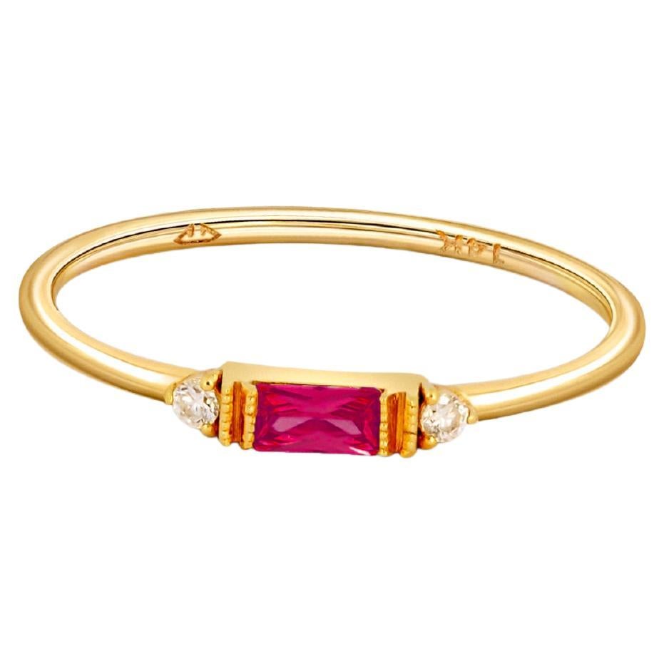 For Sale:  East west Baguette Cut Lab Ruby Engagement 14k gold Ring.